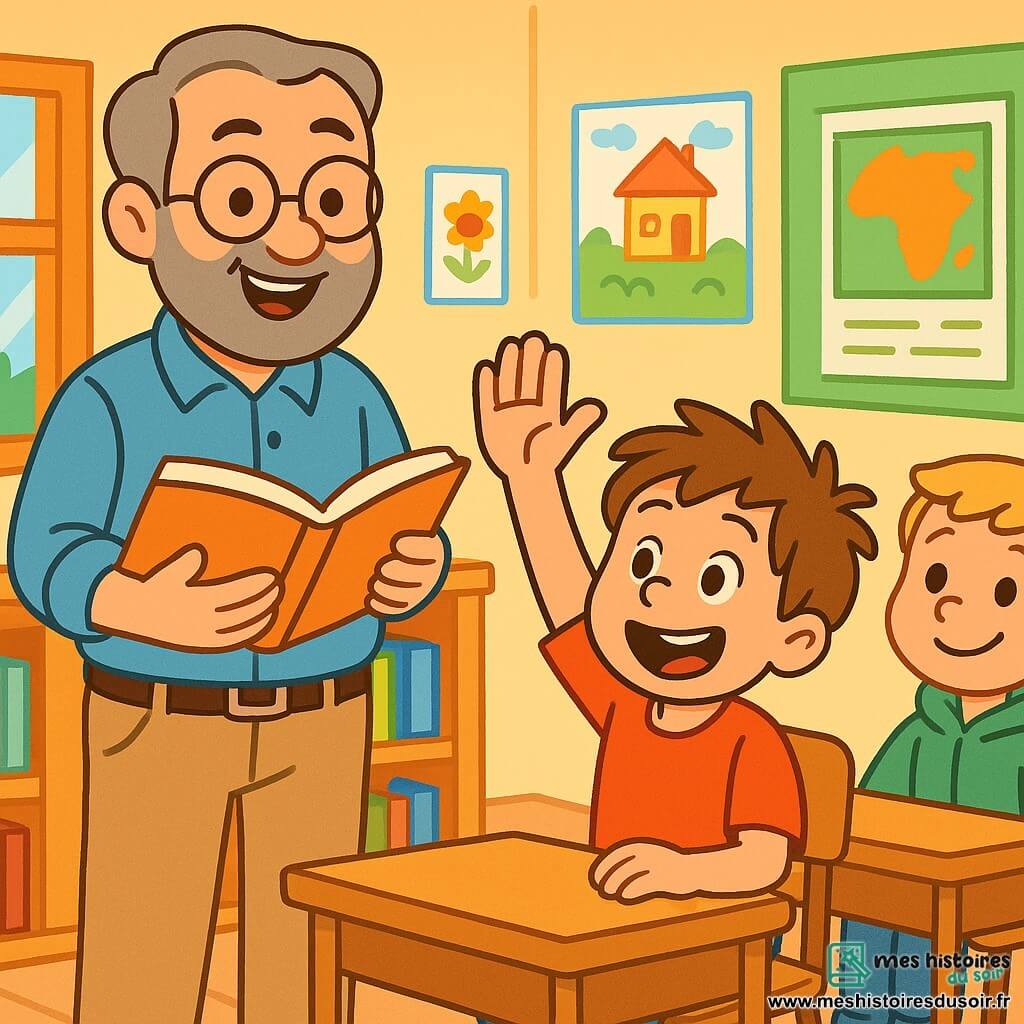 Monsieur Dupont, un instituteur souriant avec des lunettes rondes et une barbe grisonnante, se tient devant une classe d'enfants. Il porte une chemise bleue et un pantalon beige, tenant un livre ouvert, les yeux pétillants d'enthousiasme. Maxime, un garçon de 6 ans avec des cheveux bruns en bataille et un t-shirt rouge, lève la main avec excitation. Léo, un autre garçon de 6 ans aux cheveux blonds dans un sweat à capuche vert, écoute attentivement. La scène se déroule dans une salle de classe lumineuse, décorée de dessins colorés et de posters éducatifs, avec des fenêtres laissant entrer la lumière du soleil. Monsieur Dupont explique avec passion le programme de l'année, captivant l'attention de ses élèves impatients d'apprendre.