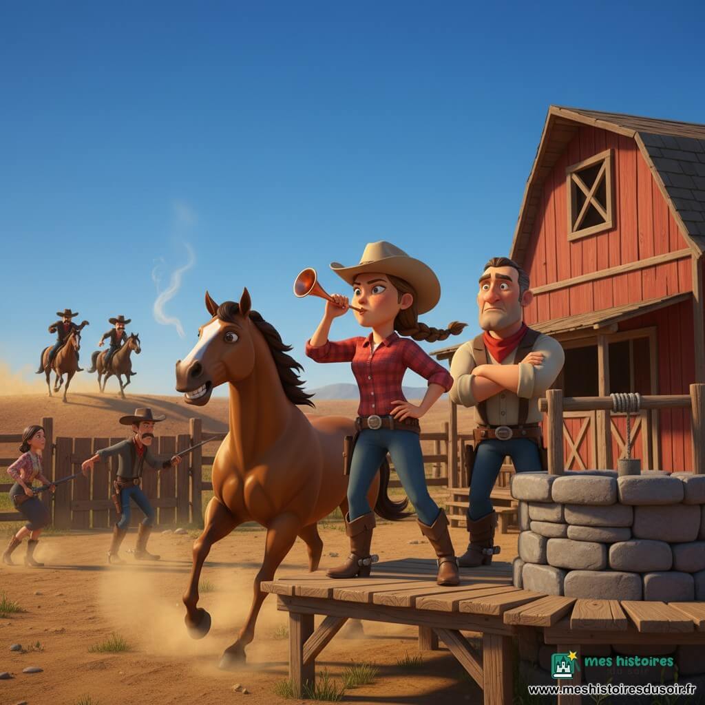 Lila, adolescente cavalière au visage rond et taches de soleil, en chemise à carreaux rouge, chapeau beige et bottes usées, souffle dans un petit cor de cuivre sur une plateforme en bois près du puits, sa natte au vent ; Jasper, son cheval couleur café au poil brillant, renâcle à ses pieds à gauche ; Wade, contremaître d’une cinquantaine d’années au visage buriné, se tient derrière elle, bras croisés ; au loin, deux bandits à cheval crêtent une crête, tandis que trois cow‑boys ferment précipitamment une barrière et qu’une femme rassemble des enfants près de la maison ; décor : ranch en bois avec grande grange rouge, puits en pierre, enclos, poussière dorée soulevée par le vent sous un ciel bleu intense et le soleil de midi — tension palpable alors que le cor retentit et que les assaillants approchent.