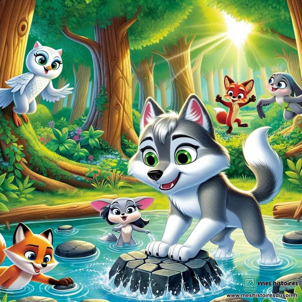 Un loup nommé Léon, au pelage argenté et aux yeux déterminés, se tient au bord d'une source d'eau claire, poussant une pierre sombre avec effort. À ses côtés, Clara la chouette, avec ses grandes lunettes, observe et donne des conseils, tandis que Lucas le renard, au pelage roux, tire sur une autre pierre en l'encourageant. En arrière-plan, Bella la lapine, aux grandes oreilles et au pelage blanc, bondit joyeusement pour aider. La scène se déroule dans une clairière enchantée, entourée d'arbres majestueux, où la lumière du soleil illumine la source d'eau. Léon et ses amis unissent leurs forces pour libérer la source des pierres sombres, symbolisant leur courage et leur amitié.