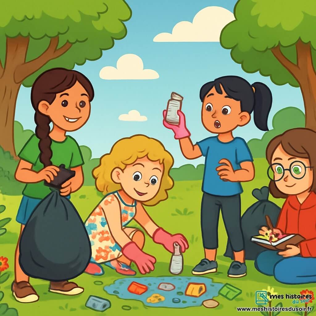 Quatre enfants sont présents : Clara, 10 ans, cheveux bruns tressés, t-shirt vert et short en jean, tient un sac poubelle et sourit ; Lila, 10 ans, cheveux blonds bouclés, robe à fleurs, ramasse des déchets avec des gants roses ; Zoé, 10 ans, cheveux noirs en queue de cheval, t-shirt bleu et leggings noirs, montre un déchet avec surprise ; Emma, 10 ans, cheveux châtains et lunettes, sweat à capuche rouge, prend des notes assise sur l'herbe. L'action se déroule dans un parc verdoyant avec des arbres majestueux, un ciel bleu clair et une flaque d'eau entourée de déchets colorés. Les filles, souriantes, ramassent des déchets ensemble, prêtes à améliorer leur environnement.