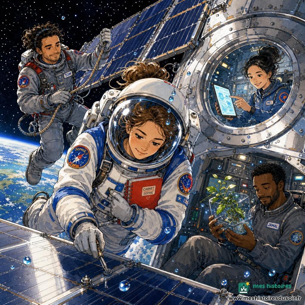 Sophie, astronaute adulte souriante mais concentrée, cheveux attachés, en combinaison blanche et bleue à patches colorés, flotte en apesanteur en réparant un grand panneau solaire argent mat, une goutte d'eau brille sur la visière et elle tient un carnet rouge contre sa poitrine ; Tom (~35 ans), en combinaison grise et légèrement derrière à gauche, ajuste une corde d'amarrage avec assurance, Mei (~30 ans) apparaît par un hublot à droite, chignon flottant, pointant et souriant vers une tablette, et Jamal (~35 ans) est assis à l'intérieur près d'un panneau de commandes, tenant une boîte transparente contenant une plante en apesanteur qu'il regarde avec douceur ; décor extérieur métallique de station spatiale avec larges panneaux solaires, la Terre courbée en arrière-plan, étoiles, reflets froids et ombres douces ; scène collaborative, chaleureuse et rassurante, traits d'encre nets, lavis colorés doux, compositions centrée sur Sophie et le panneau, textures détaillées des combinaisons et luisances sur les casques.