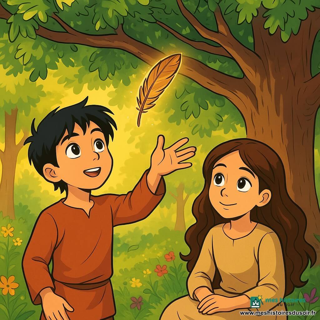 Akecheta, un jeune homme aux cheveux noirs et aux yeux curieux, se tient sous un grand chêne aux feuilles vertes. Son visage exprime émerveillement et détermination alors qu'il tend la main vers une plume flottante. Kaya, une fille d'environ 12 ans avec des cheveux longs et ondulés, est assise à côté de lui, le regardant avec admiration. La scène se déroule dans une clairière baignée de lumière dorée, entourée d'arbres majestueux et de fleurs colorées. Akecheta et Kaya découvrent le langage de la forêt, écoutant les murmures des arbres et les chants des oiseaux, vivant un moment magique où la nature révèle ses secrets.