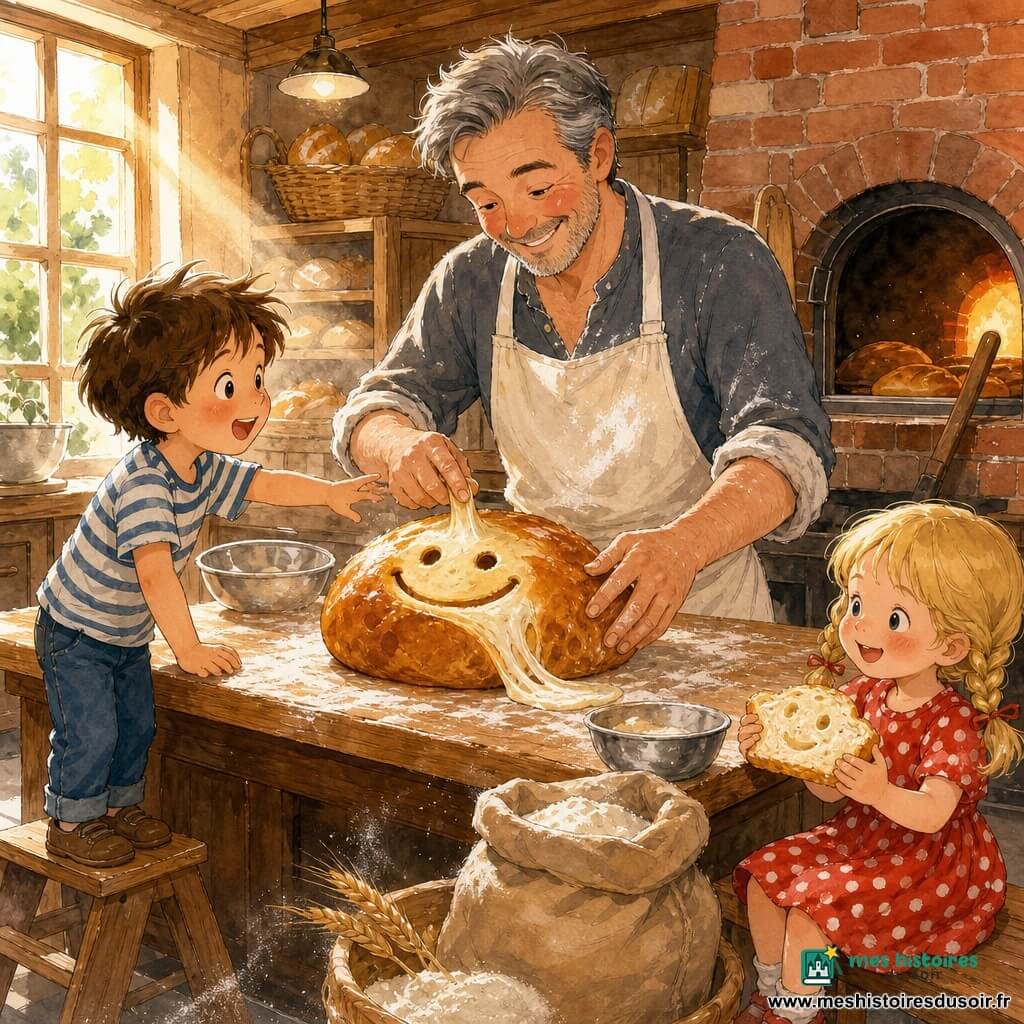 Un boulanger la quarantaine, cheveux poivre et sel, tablier blanc poudré de farine, façonne une pâte en forme de visage souriant; un garçon de 6 ans, cheveux bruns en bataille, t-shirt rayé, debout sur un marchepied à gauche et tendant la main; une fille de 4 ans, cheveux blonds en nattes, robe rouge à pois, assise à droite tenant une tranche de pain chaude et souriante; intérieur de boulangerie en bois clair avec grande table en chêne couverte de poussière de farine, sacs de blé, bols en métal et four en brique émettant une lueur orange; le boulanger trace le sourire avant d'enfourner, la mie blanche s'étire, la croûte dorée brille et des rayons de lumière chaude entrent par la fenêtre; style encre colorée, traits doux, couleurs chaudes et textures visibles de la farine, du bois et de la croûte.