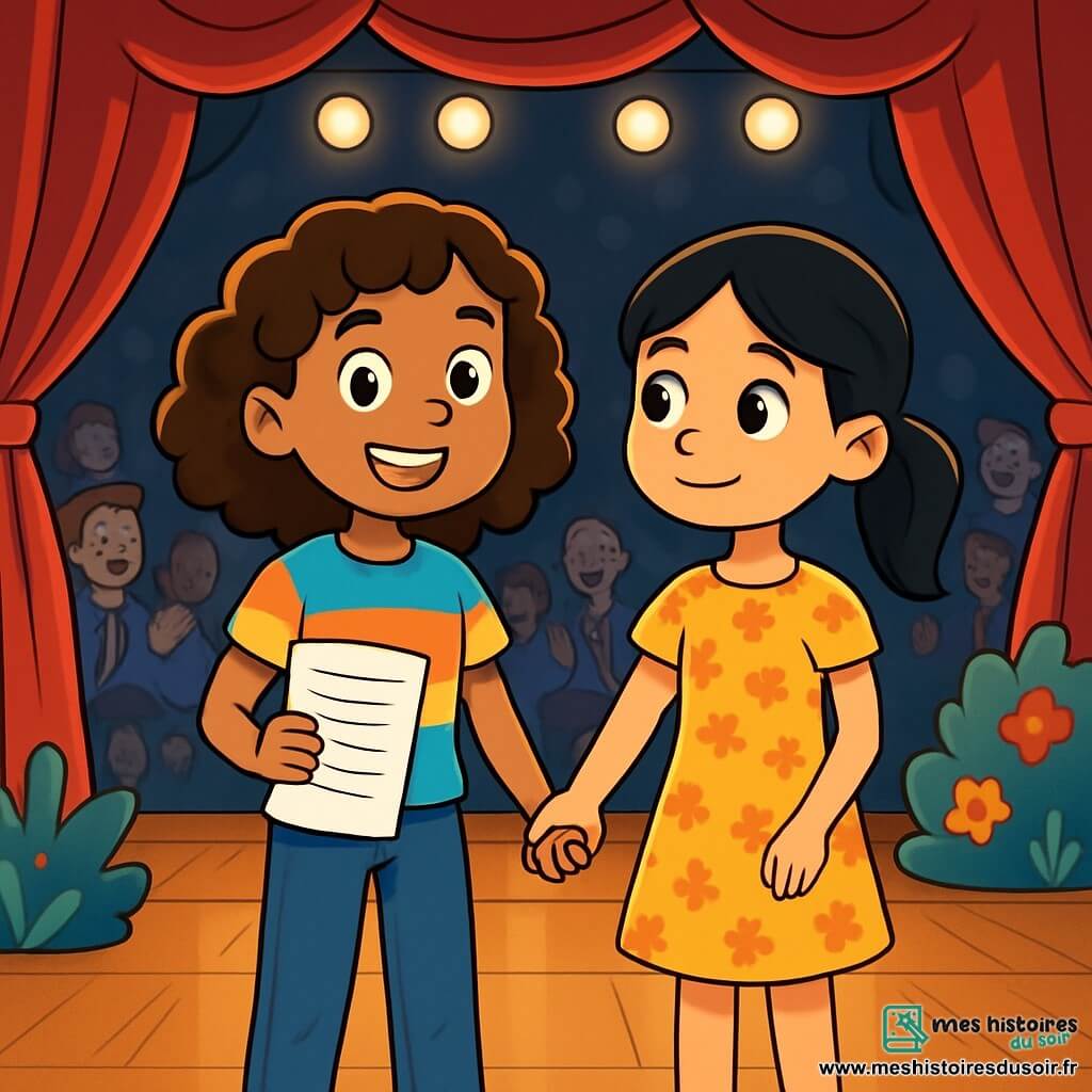 Il y a deux personnages principaux : Lina, une fille de 12 ans aux cheveux bouclés et bruns, avec un t-shirt coloré et un jean, tenant un script et souriant avec détermination, et Yasmine, également âgée de 12 ans, avec des cheveux lisses et noirs en queue de cheval, portant une robe à fleurs et affichant un regard timide mais plein d'espoir. Elles se trouvent sur une scène de théâtre lumineuse avec un rideau rouge, des projecteurs et un public enthousiaste. Elles se tiennent la main, prêtes à jouer, montrant confiance et joie, tandis que le public les encourage avec des sourires et des applaudissements.