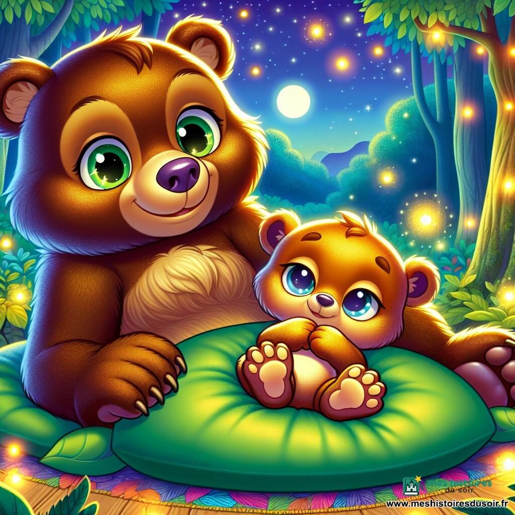 Un jeune ours brun, nommé Luno, est allongé sur un oreiller de mousse verte, avec un sourire apaisé. Il respire profondément, entouré d'une douce lumière dorée. À côté de lui, sa maman ourse, douce et affectueuse, lui tient la patte avec un sourire rassurant. Ils se trouvent dans une forêt enchantée, baignée par la lumière de la lune, avec des arbres majestueux et des étoiles brillantes. L'atmosphère est calme et sereine, avec des lucioles dansant autour d'eux. Luno et sa maman pratiquent des exercices de respiration, créant une ambiance paisible, parfaite pour s'endormir.