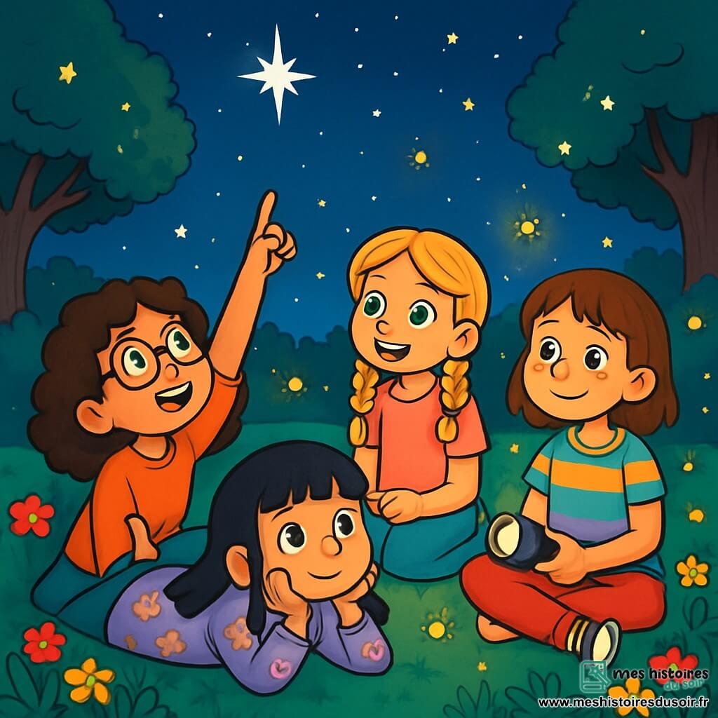 Quatre enfants se trouvent dans un jardin verdoyant sous la douce lumière de la lune. Éléonore, 10 ans, cheveux bruns bouclés et lunettes rondes, pointe une étoile brillante. Clara, 9 ans, cheveux blonds tressés et yeux verts, sourit émerveillée à ses côtés. Inès, 10 ans, cheveux noirs raides en pyjama à motifs de hiboux, observe le ciel, tandis que Zoé, 11 ans, avec des cheveux châtains et des taches de rousseur, tient une lampe de poche éteinte et regarde les lucioles. Elles partagent un moment de complicité, émerveillées par la magie de la nuit.