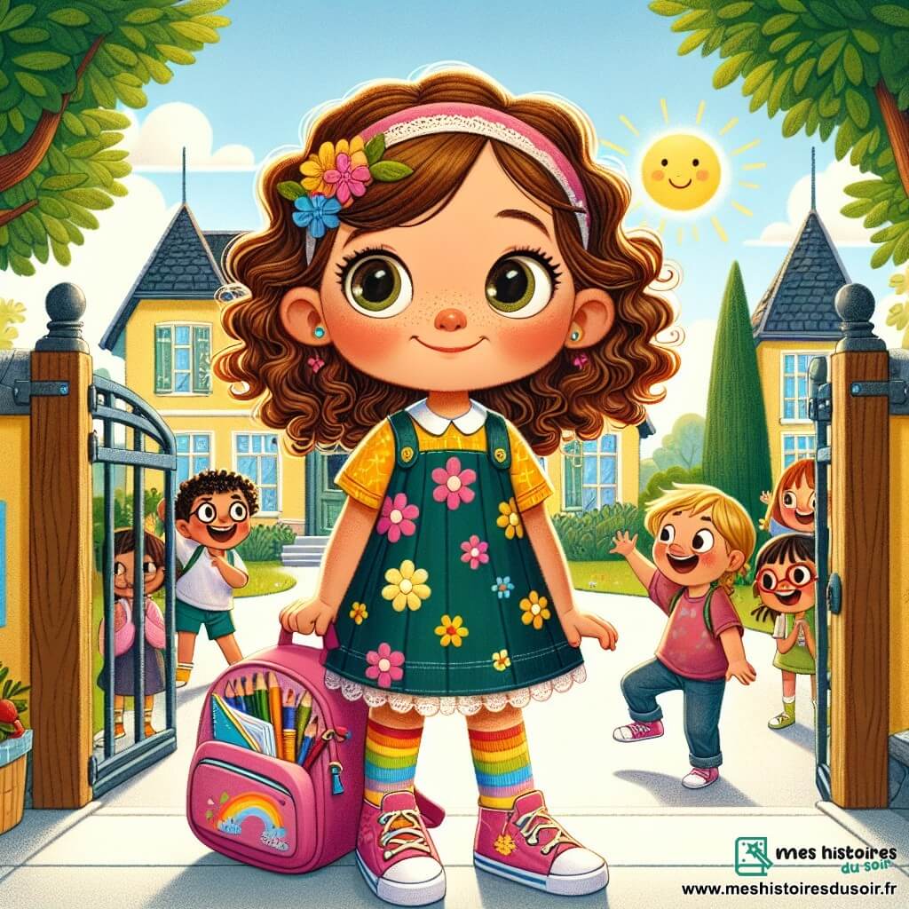 Clara, une fille de 10 ans aux cheveux châtains et bouclés, porte une robe à fleurs colorées et des chaussettes multicolores. Elle sourit, les yeux brillants d'excitation et de nervosité, tenant un cartable rose rempli de fournitures scolaires et d'un dessin de soleil. À ses côtés, Lila, également âgée de 10 ans avec des cheveux bouclés et une tresse, porte un t-shirt jaune et un jean, et fait un geste d'encouragement à Clara. La scène se déroule devant une école aux murs jaunes, avec un portail en bois et des arbres verdoyants. Des enfants jouent dans la cour, tandis que des fleurs colorées bordent le chemin. Clara, prête à entrer dans sa nouvelle école, prend une grande inspiration avant de franchir le seuil, entourée de camarades curieux, illustrant l'excitation de la rentrée des classes.