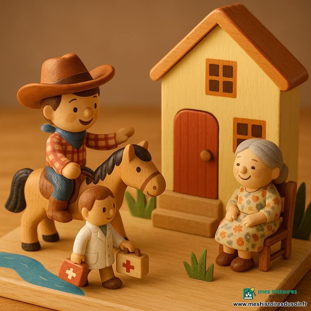 Jack, cow-boy souriant, porte un grand chapeau brun, une chemise à carreaux rouge et un bandana bleu; il monte Brun, un cheval en bois brun clair à crinière noire, et tend la main vers la porte. Le docteur, en blouse blanche miniature, suit avec une petite mallette médicale en bois. Mamie Rosa, petite femme âgée aux cheveux gris tressés en robe fleurie, est assise près de la porte, souriante. Scène devant une petite maison en bois jaune pâle à porte rouge et jardin de fleurs en papier; atmosphère douce de coucher de soleil, couleurs chaudes, textures boisées, style jouet enfantin simple.