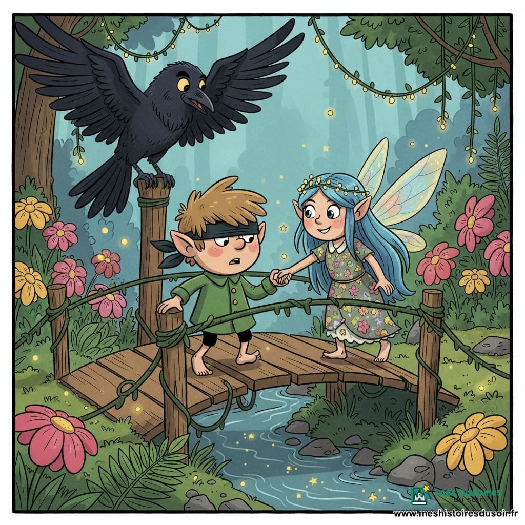 Léo, un lutin garçon au visage rond, oreilles pointues, cheveux châtain clair en bataille et bandeau noir sur les yeux, avance pieds nus sur un vieux pont de planches branlantes au‑dessus d'un ruisseau scintillant tandis que Naïa, une lutine aux longs cheveux bleu lumineux, ailes translucides irisées, sourire rassurant et robe florale couronnée de lucioles, la guide à voix basse; en arrière‑plan, le Gardien corbeau, grand corbeau noir aux plumes brillantes et yeux dorés, est perché sur un poteau, silhouette protectrice; le jardin secret nocturne, fleurs géantes lumineuses, lucioles comme guirlandes, fougères phosphorescentes et mousse crée une atmosphère magique où l'épreuve de confiance se transforme en chaleur rassurante.