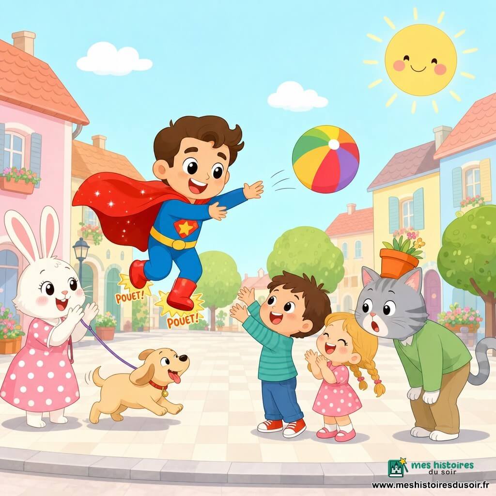 Un super-héros souriant en cape rouge brillante et bottes « pouet-pouet » saute en lançant un ballon coloré; à gauche Madame Lapin, pelage blanc et robe à pois roses, tient un petit chien beige qui tire sur sa laisse et applaudit; à droite Monsieur Chat, pelage gris rayé et museau surpris, est penché en avant avec un pot de fleurs orange sur la tête; devant, un garçon de 5 ans aux cheveux bruns courts lève les mains pour attraper le ballon et une fille de 4 ans aux tresses blondes rit et applaudit; lieu : rue de village colorée aux maisons pastel, trottoir en damier, arbres ronds verts et ciel bleu avec un grand soleil souriant; atmosphère : scène comique et chaleureuse, expressions exagérées, poses dynamiques, couleurs vives et arrière-plan épuré.
