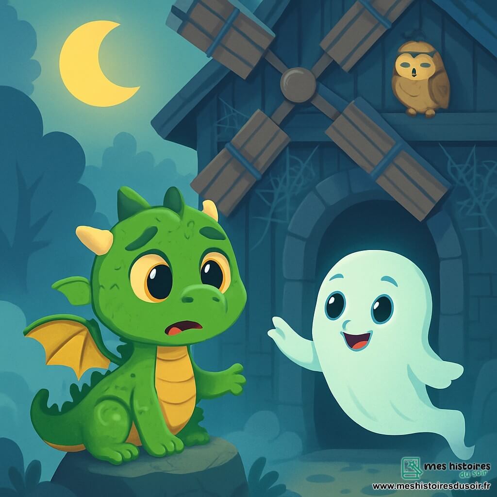 Dans un village brumeux, un petit dragonnet vert nommé Piko observe avec curiosité et une légère peur. Perché sur une pierre, ses ailes légèrement déployées, il est prêt à s'envoler. À ses côtés, une petite fantôme souriante, Lucie, flotte dans l'air, vêtue d'une robe blanche translucide. Elle l'encourage à avancer. Le décor est un vieux moulin en bois, entouré de brouillard, avec des hiboux dormant sur les poutres. Piko et Lucie s'approchent prudemment de l'entrée du moulin, où une ombre mystérieuse laisse présager une aventure à venir.
