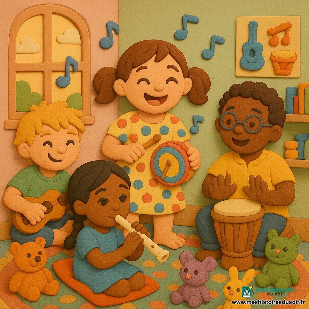 Lila (joyeuse, cheveux bruns en couette) au centre, tambourin arc‑en‑ciel et baguette, entourée de Sam (≈10 ans, blond, t‑shirt vert) à gauche à la petite guitare, Zoé (≈8 ans, cheveux noirs en tresse, robe bleue) devant à la flûte et Mamadou (≈11 ans, peau brune, lunettes, chemise jaune) à droite au djembé ; peluches en demi‑cercle, coussins et tapis, grande salle aux murs pastels avec fenêtre ensoleillée, étagères d'instruments en pâte à modeler et affiches, ambiance de répétition joyeuse et collaborative avec notes de musique stylisées flottantes.