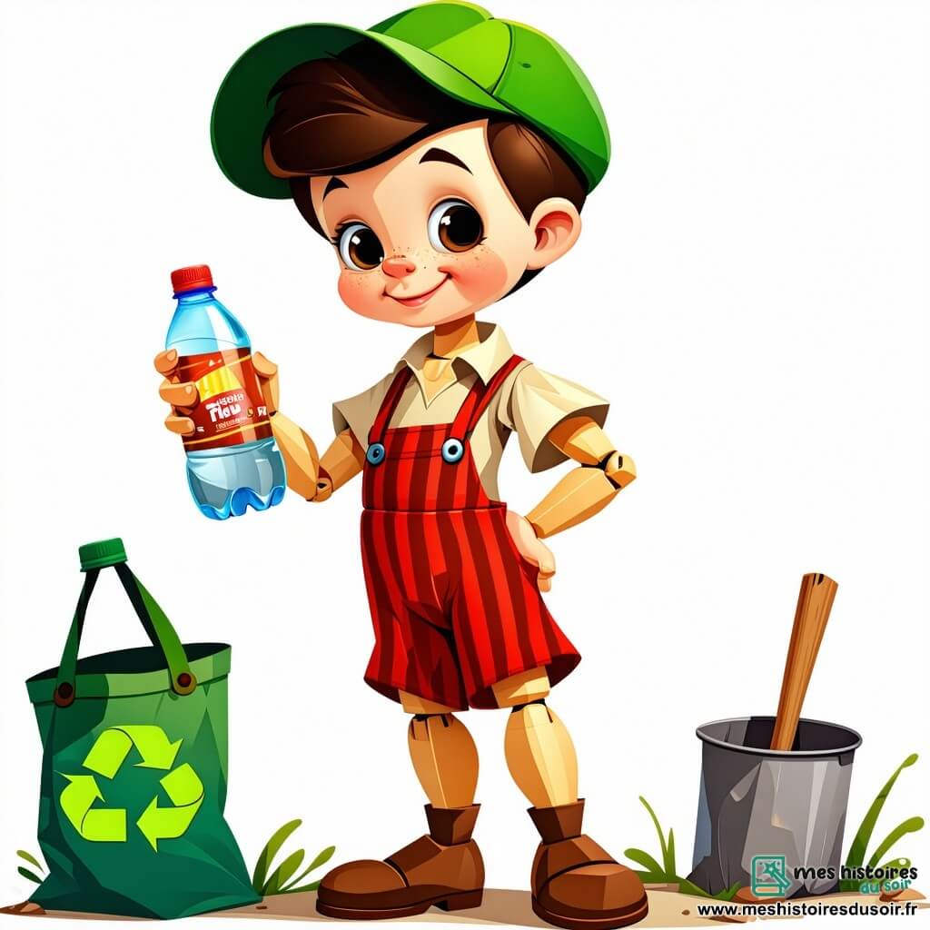 Pinocchio, un garçon de bois au sourire malicieux, se tient au centre de la scène, déterminé, avec son nez droit. Il porte une salopette rouge à rayures et une casquette verte, tenant une bouteille en plastique prête à être recyclée. À ses côtés, Lampwick, un garçon de 8 ans aux cheveux bruns en bataille et casquette rose à fleurs, sourit en ramassant des déchets. La Renarde, créature rusée au pelage orange, tricote une écharpe colorée en arrière-plan, ajoutant une touche de magie. Le décor est une forêt verdoyante avec des arbres majestueux, des fleurs multicolores et une rivière scintillante. Pinocchio et ses amis nettoient la rivière et la forêt, entourés de rires, illustrant l’esprit d’unité et de protection de la nature.