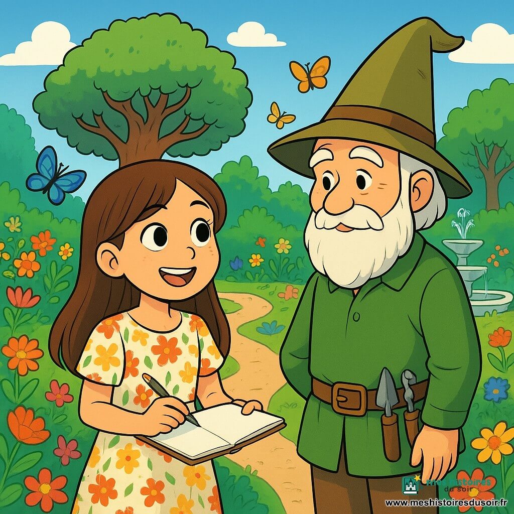 Une petite fille de 10 ans, Léa, avec de longs cheveux bruns et des yeux curieux, sourit au centre de l'image. Elle porte une robe à fleurs et tient un carnet de croquis, prête à dessiner. À ses côtés, un jardinier âgé avec une barbe blanche et un chapeau pointu l'observe avec bienveillance, vêtu d'une tunique verte et d'une ceinture d'outils de jardinage. Le jardin est rempli de fleurs éclatantes, de grands arbres et de fontaines scintillantes. Des papillons volent autour d'eux. Léa et le jardinier se tiennent au bord d'un sentier, contemplant un arbre majestueux. Léa découvre la beauté du jardin des rêves pendant que le jardinier lui révèle les secrets de cet endroit magique.