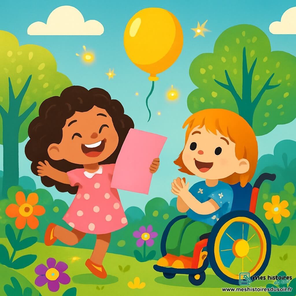 Zoé, une fille de 7 ans avec de magnifiques cheveux bouclés, porte une robe rose à pois blancs et tient un grand papier rose. Lola, une fille de 6 ans, joyeuse et énergique, roule dans un fauteuil magique coloré, a des cheveux courts et porte un t-shirt bleu avec des étoiles. Elles se trouvent dans un jardin enchanté rempli de fleurs chantantes, d'arbres aux feuilles scintillantes et d'un ciel bleu avec des nuages cotonneux. Elles écrivent un poème pour la fête des pères, Zoé saute de joie tandis que Lola applaudit. Un ballon brillant flotte au-dessus d'elles avec le poème, et des lucioles dansent autour, ajoutant une touche féerique.