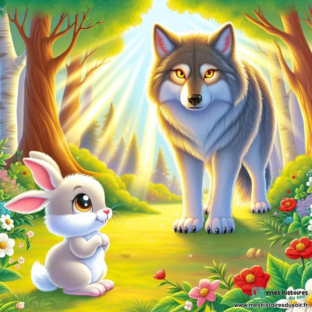 Un petit lapin aux grandes oreilles et aux yeux pétillants, avec un pelage blanc, se tient courageusement au centre de la clairière, affichant une expression déterminée. Il regarde un grand loup au pelage grisâtre, qui se tient légèrement en retrait, ses yeux trahissant une mélancolie profonde. La clairière est baignée de lumière dorée, entourée d'arbres majestueux et de fleurs colorées. Ce moment montre le petit lapin prêt à confronter le loup, révélant une tension où le courage du lapin pourrait changer le destin du loup.