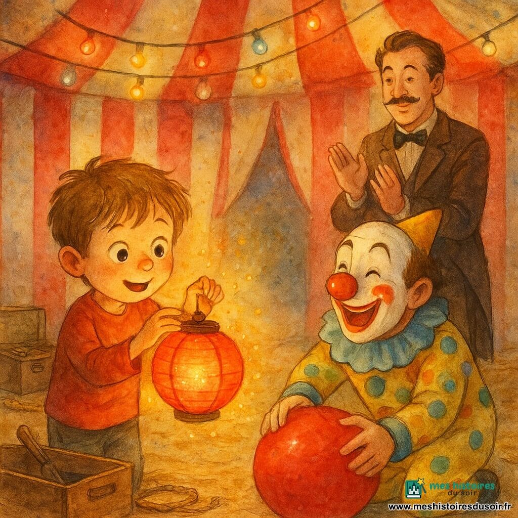 Un garçon de 6 ans, visage rond, cheveux châtain clair en bataille, yeux brillants, ajuste un lampion qui clignote en répandant une pluie de lumière ; à côté, un clown d'une trentaine d'années au nez rouge et large sourire roule une grosse balle rouge en riant, légèrement penché vers lui ; un directeur d'environ 50 ans à la moustache en guidon et veste à queue-de-pie marron les observe en arrière-plan en applaudissant doucement ; le tout se déroule sous la toile rayée rouge et blanche d'un chapiteau, guirlandes de lampions suspendues, plancher en bois clair avec copeaux de paille, lumière chaude et ombres douces.