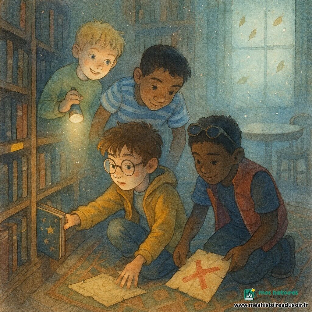 Quatre enfants dans une vieille bibliothèque : un garçon d’environ 11 ans aux cheveux bruns, lunettes rondes et veste moutarde accroupi devant une étagère tend la main vers un livre scellé orné d’étoiles dorées ; un garçon d’environ 10 ans à la peau mate, t-shirt rayé bleu et blanc, penché derrière lui et chuchotant en regardant une carte tombée au sol ; un garçon d’environ 11 ans aux cheveux blonds, sourire malicieux et pull vert clair, éclaire la scène avec une petite lampe de poche ; un garçon d’environ 10 ans aux cheveux noirs, lunettes de soleil sur la tête et gilet rouge, est à genoux en train de ramasser une page marquée d’une grande croix rouge. La pièce est une bibliothèque ancienne aux rayonnages sombres, lumière tamisée filtrant par une grande fenêtre embuée, tapis usé et table ronde ; l’atmosphère est d’excitation et d’enquête, poussière visible dans les rayons de lumière et feuilles flottantes.