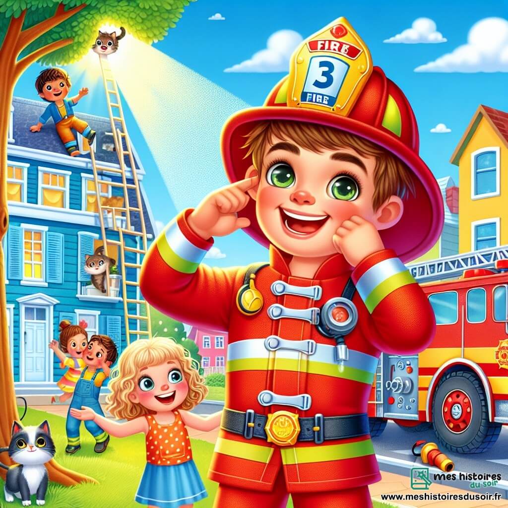 Max, un pompier grand et costaud en uniforme rouge, sourit fièrement en tenant une lance à incendie, prêt à sauver un chat coincé dans un arbre. À ses côtés, Lila, 7 ans, aux cheveux bouclés, l'observe avec admiration, tandis que Tom, 8 ans, avec des cheveux blonds en bataille, pointe le chat du doigt, inquiet. La scène se déroule dans une petite ville ensoleillée, avec des maisons colorées et un camion de pompier garé. Max grimpe courageusement sur une échelle pour secourir le chat, tandis que Lila et Tom l'encouragent, créant une ambiance d'entraide et d'aventure.