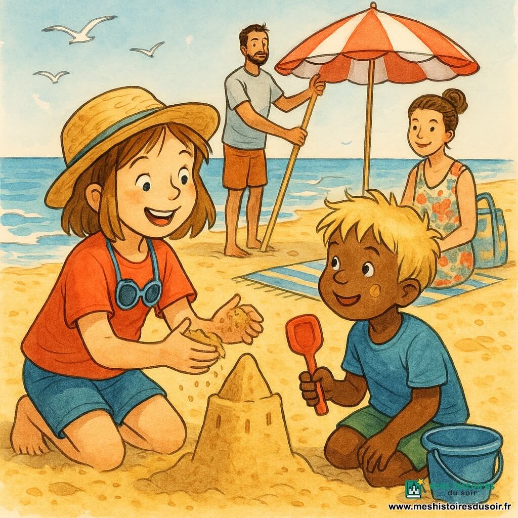 Fille de 8 ans souriante, cheveux châtain clair en carré, chapeau de paille légèrement de travers, lunettes de soleil bleues au cou, accroupie, les mains pleines de sable, tapotant soigneusement un château de sable; garçon (Hugo) ~6 ans, visage rond avec tache de sable, cheveux blonds en bataille, tenant une pelle rouge près d’un seau bleu, la regardant avec gratitude; maman ~35 ans, peau claire, cheveux en chignon, robe légère à motifs floraux, assise sur une serviette rayée en arrière-plan, souriante et surveillant la scène avec une carte postale; papa ~37 ans, barbe naissante, t-shirt clair, sac de plage à côté, debout un peu plus loin plantant un parasol rayé; plage ensoleillée au sable doré, vagues bleues, mouettes en vol, parasol rouge et blanc; moment chaleureux et lumineux de partage où la fillette prête sa pelle et sa gourde pour aider Hugo à construire le château.