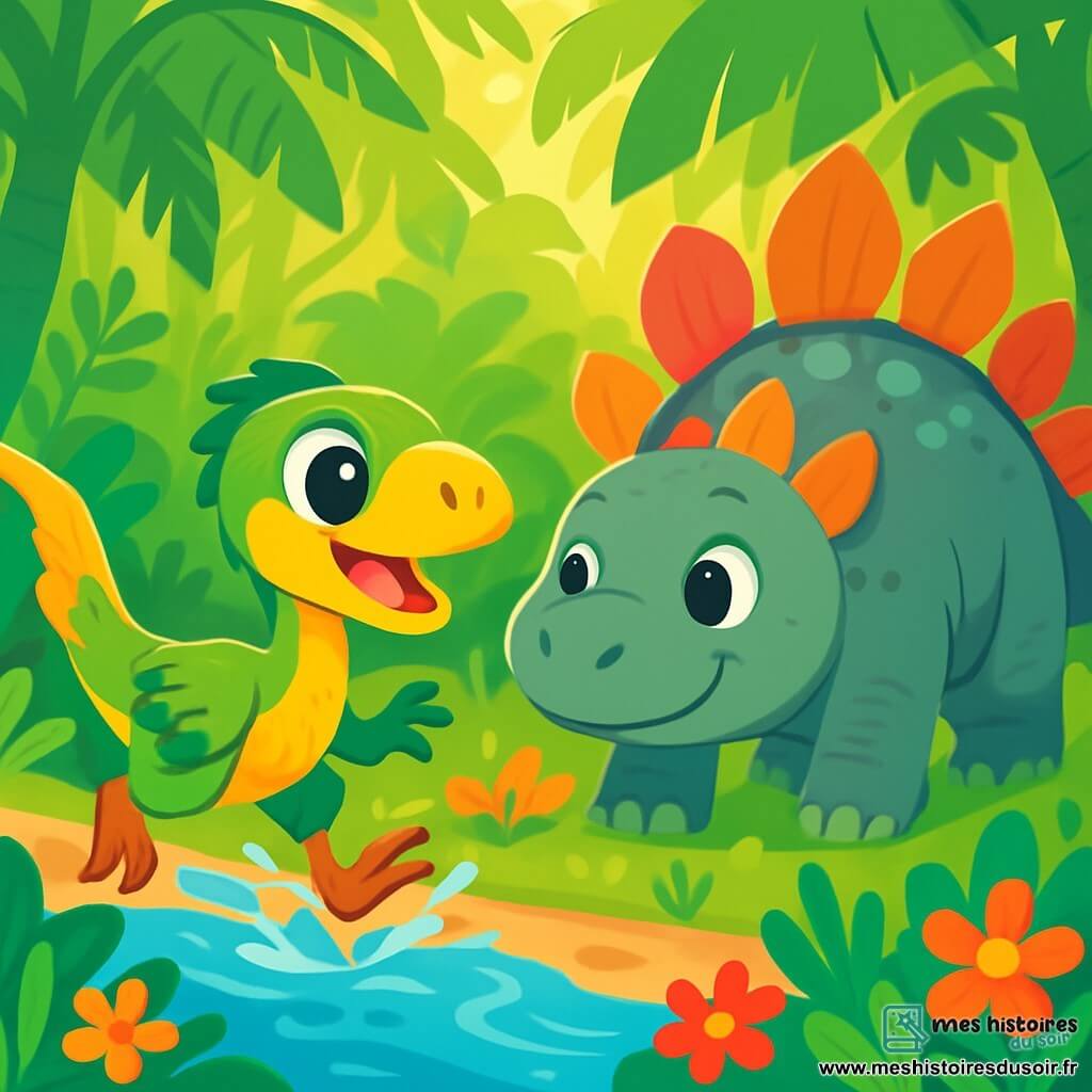 Un petit vélociraptor aux plumes vertes et jaunes, avec de grands yeux brillants et un sourire joyeux, court à toute vitesse à travers une jungle luxuriante, entouré de hautes fougères et de fleurs colorées. Il éclabousse un ruisseau d'eau claire avec ses petites pattes. À côté, un grand stégosaure à la peau grise et aux piquants colorés marche lentement, surveillant son ami avec bienveillance. La lumière du soleil filtre à travers les feuilles des arbres géants, créant des ombres dansantes. La scène montre Rappy et Spike en pleine exploration, remplis d'excitation et de curiosité, découvrant les merveilles de leur monde préhistorique.