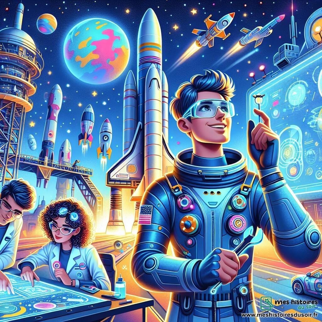 Léo, un homme d'une trentaine d'années en combinaison spatiale bleue et lunettes futuristes, sourit d'excitation en ajustant les commandes de sa fusée Solaris. À ses côtés, Mia, une scientifique d'environ 25 ans avec des cheveux bouclés et une blouse blanche, examine des écrans holographiques. Tom, un homme costaud d'une quarantaine d'années, vérifie les moteurs de la fusée avec une clé à molette, affichant une expression déterminée. Le robot Piko, petit et rond avec des lumières clignotantes, flotte autour d'eux en parlant dans une langue extraterrestre. La scène se déroule sur une rampe de lancement moderne, entourée de structures futuristes et d'un ciel étoilé, avec une grande planète colorée à l'horizon. L'équipe se prépare à décoller pour la planète Kalypsos, pleine d'excitation et d'anticipation pour leur aventure spatiale.
