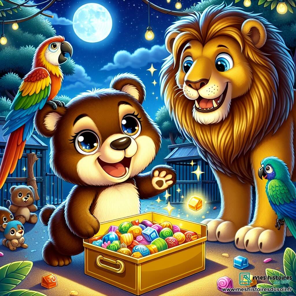 Une ourse nommée Bibi, au pelage brun et doux, se tient joyeusement devant une boîte dorée scintillante sous la lune, souriante et prête à danser. À ses côtés, un lion nommé Léon, avec une crinière dorée, regarde la boîte avec émerveillement. Un perroquet coloré, perché sur une branche, rit de bon cœur, ajoutant de la magie à la scène. Le zoo nocturne est baigné de lumière argentée, avec des enclos en arrière-plan et des étoiles dans le ciel. Bibi et Léon découvrent des bonbons multicolores dans la boîte, entourés d'animaux curieux, joyeux et excités.