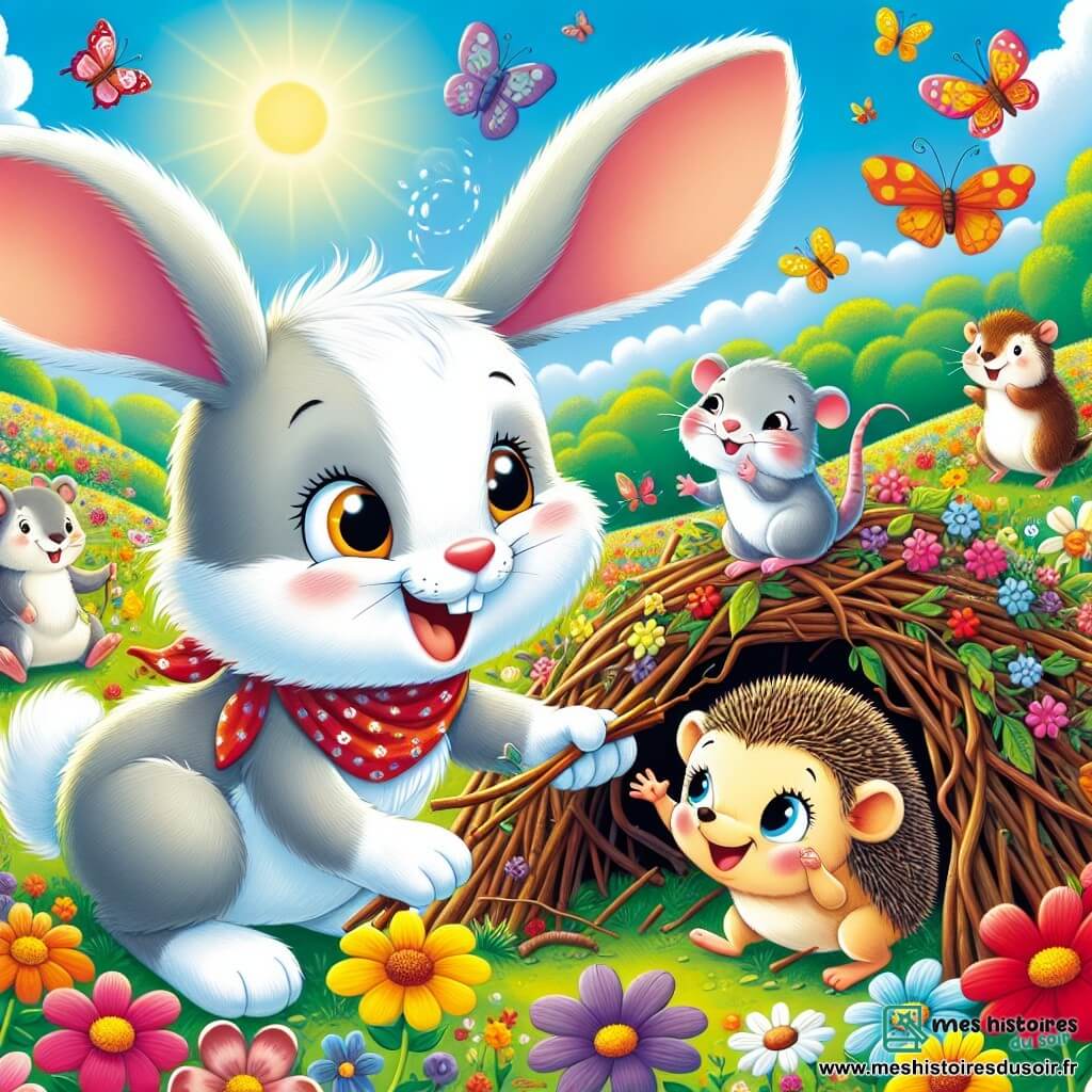 Dans un pré fleuri, Léo le lapin aux grandes oreilles saute joyeusement, souriant avec ses yeux malicieux. Son pelage blanc éclatant est agrémenté d'un foulard rouge. À ses côtés, Zoé, une petite souris grise, ramasse des brindilles avec enthousiasme. Plus loin, Hugo le hérisson rit en se frottant le ventre, tandis que Nina la grenouille saute dans une flaque de boue, éclaboussant tout le monde. Le pré est rempli de fleurs colorées, des papillons volent autour, et un ciel bleu éclatant domine la scène. Les amis construisent une cabane en brindilles, riant sous une légère pluie qui crée une ambiance joyeuse.