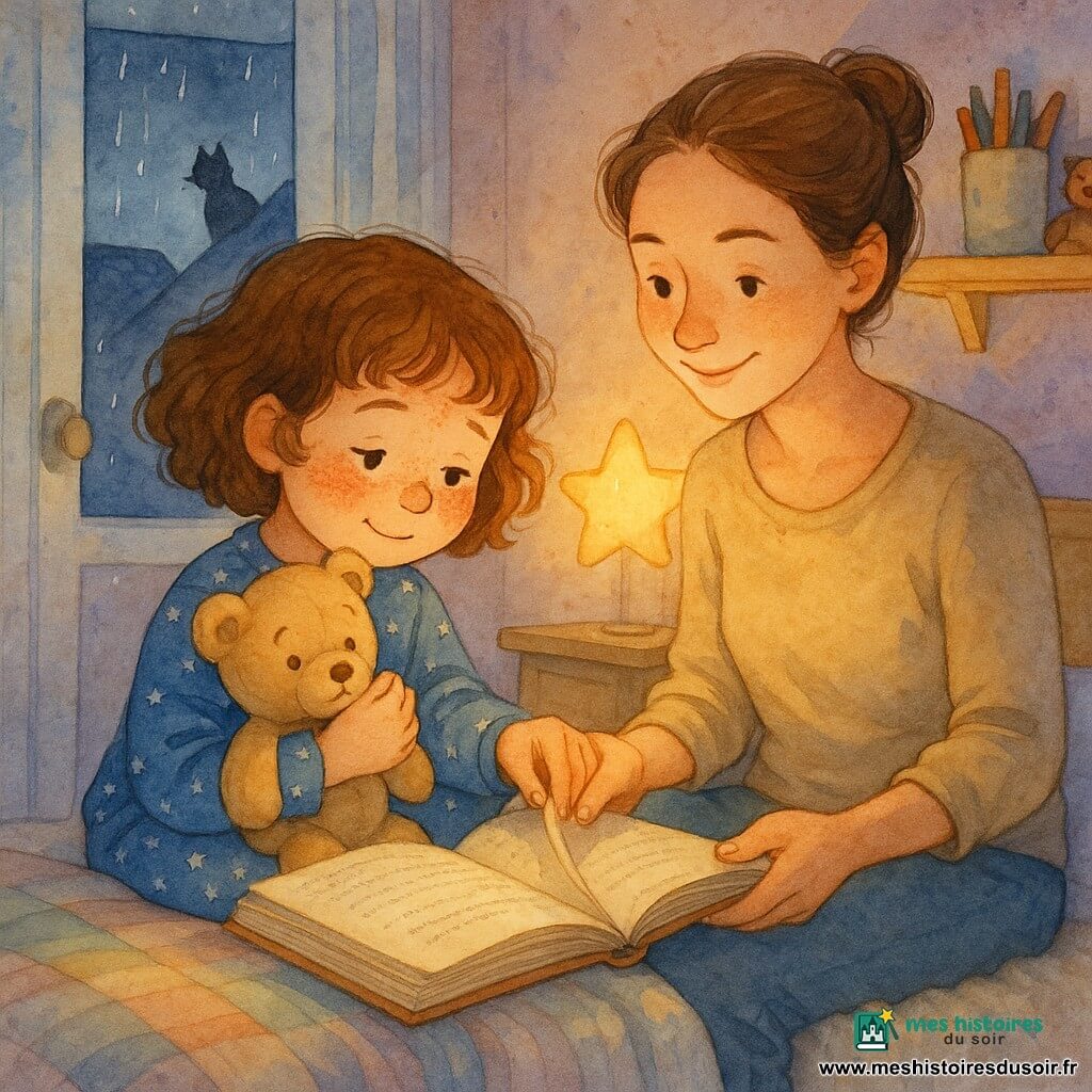 Une fillette de 6 ans, visage rond, cheveux châtain bouclés au carré et taches de rousseur, en pyjama bleu à petites étoiles, serre un nounours beige et pose le doigt pour tourner une page légèrement froissée, tandis que sa mère d'environ 32 ans, calme et souriante, cheveux bruns en chignon lâche, assise au bord du lit à droite, tient le livre et sa main; une veilleuse étoile diffuse une lumière miel dans une petite chambre chaleureuse aux murs lavande, couverture rayée douce, tapis crème, étagère à jouets, placard blanc entrouvert et fenêtre pluvieuse avec un chat noir silhouetté sur le toit, atmosphère nocturne douce mêlant lueur chaude intérieure et lumière froide de lune, palette de bleus, lavande, miel et crème avec textures aquarelle et touches magiques.