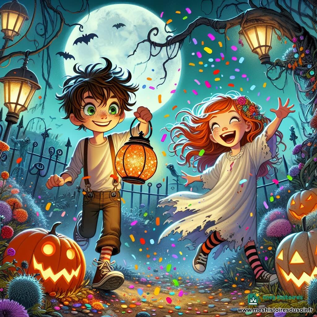Un garçon de 12 ans, Enzo, avec des cheveux châtains en bataille et des yeux curieux, se tient au centre de l'image, tenant une lanterne orange décorée de paillettes. Il sourit avec excitation en regardant autour de lui. À sa droite, Jade, une petite fille rousse de 11 ans, porte un drap blanc et des chaussettes rayées, rigolant en lançant des confettis colorés. Le jardin secret est rempli de buissons, de fleurs fanées et de vieux arbres, éclairé par la lune qui crée des ombres dansantes. La scène montre Enzo et Jade s'amusant ensemble, entourés de décorations d'Halloween dans une ambiance festive et mystérieuse.