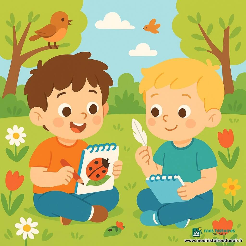 Un petit garçon de 4 ans, Louis, avec des cheveux bruns en bataille et des yeux curieux, est assis dans l'herbe verte du jardin. Souriant, il tient un crayon de couleur et un cahier bleu, prêt à dessiner une coccinelle. À côté, son ami Émile, également âgé de 4 ans, observe une plume blanche. Ils sont entourés de fleurs colorées, avec une douce lumière de soleil printanier et des oiseaux chantant. Au fond, un potager avec des légumes en croissance est visible. Louis et Émile découvrent les merveilles de la nature, chacun avec son cahier, prêts à capturer la beauté du printemps.
