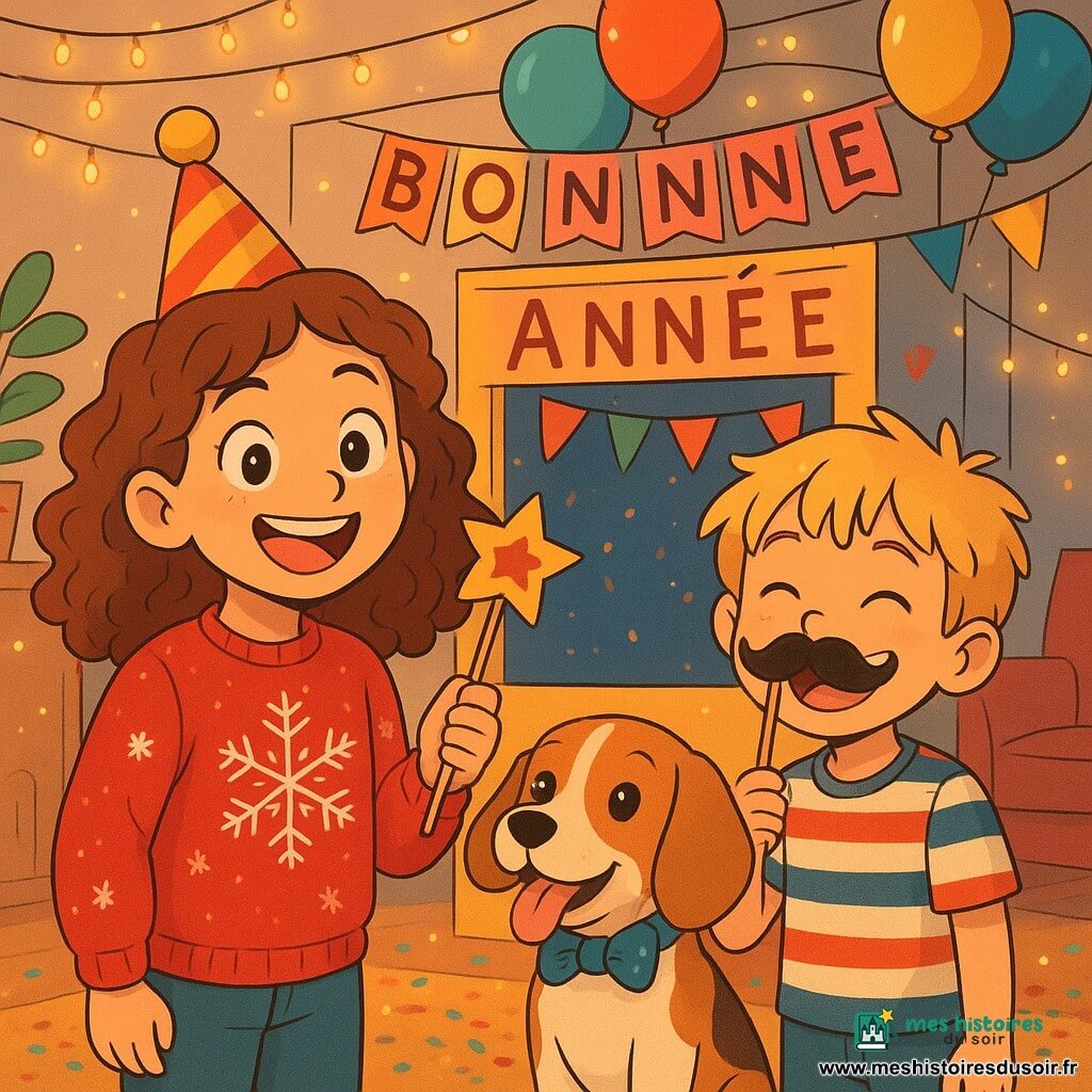 Une fille de 10 ans, Zoé, avec des cheveux châtains bouclés et des yeux pétillants, est devant un photobooth fait maison, entourée de guirlandes scintillantes et de décorations colorées. Elle porte un pull rouge avec des flocons de neige et un chapeau de fête. Son sourire montre son excitation pour le Nouvel An. À ses côtés, son petit frère Tom, 6 ans, avec des cheveux blonds en bataille, tient une moustache en carton et rit. Leur chienne Plume, une beagle, se tient à leurs pieds avec un nœud papillon. La scène se déroule dans un salon chaleureux, décoré de lumières, de ballons et d'une banderole « Bonne année 20XX ». Zoé et Tom s'apprêtent à prendre une photo amusante avec des accessoires farfelus pour immortaliser ce moment festif.