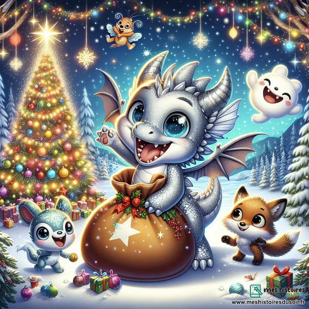 Illustration d'un petit dragon argenté aux écailles scintillantes et aux grands yeux pétillants, souriant avec ses ailes déployées, prêt à célébrer Noël. À ses côtés, un nuage espiègle, flottant joyeusement, et un petit renard en peluche, caché derrière le dragon, affichant une expression d'inquiétude mêlée à l'espoir. Le décor se déroule dans une vallée enchantée avec un grand sapin de Noël illuminé et décoré, tandis que des créatures magiques, comme des lutins et des fées, ajoutent de la magie à l'atmosphère. Le dragon et ses amis découvrent le Sac de Noël, entourés de lumières scintillantes et de rires, sous un ciel étoilé, célébrant ensemble ce moment festif.