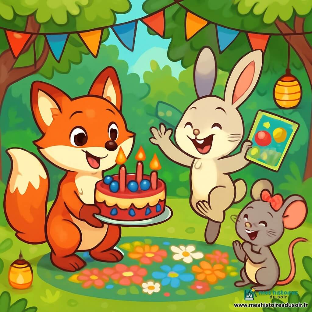 Léo, un petit renard aux poils roux et à la queue touffue, sourit en tenant un gâteau aux baies avec des bougies allumées. Gaspard, un lapin aux grandes oreilles blanches, saute près de lui, tenant une carte colorée. Mimi, une petite souris grise avec un nœud rose, applaudit avec enthousiasme. La scène se déroule dans une clairière enchantée entourée d'arbres verts, avec des guirlandes colorées et des lanternes scintillantes. Tous les amis de la forêt sont rassemblés pour célébrer l'anniversaire de Léo dans une ambiance festive.