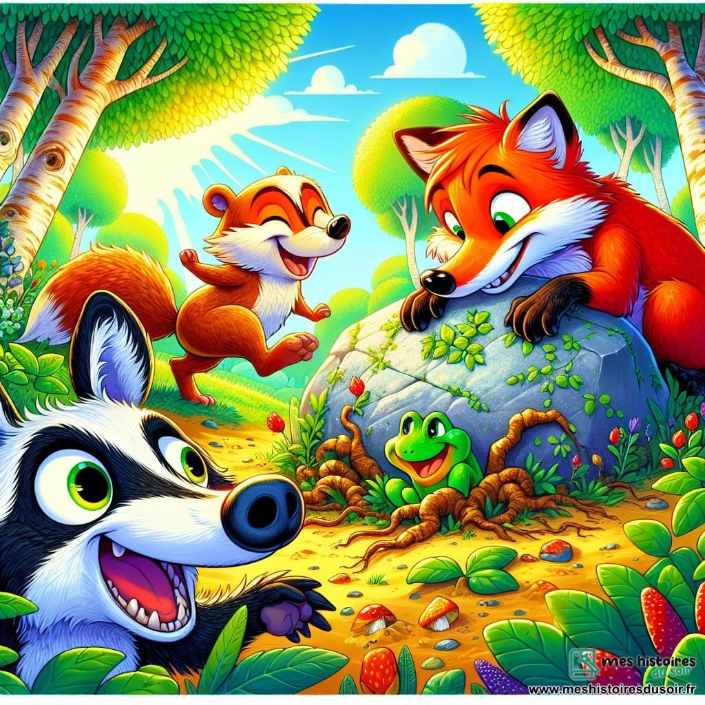 Pipo le renard, avec sa queue en tire-bouchon et son pelage roux, sourit malicieusement en fouillant un tas de feuilles. À ses côtés, Gustave le blaireau rit, la bouche pleine de racines. Ninon la grenouille, verte et pétillante, saute joyeusement sur une pierre. La scène se déroule dans une clairière ensoleillée, entourée d'arbres épais et d'un Grand Rocher recouvert de mousse et de fleurs. Les amis explorent et découvrent un trésor caché sous les feuilles, entourés de rires et de bonne humeur.