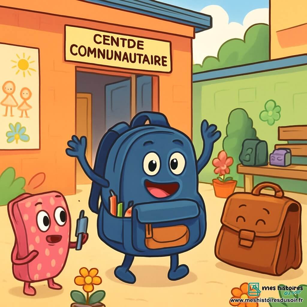 Lou, un petit sac à dos bleu nuit avec des bretelles frétillantes, se tient au centre de la scène, rayonnant d'excitation et de détermination. Ses poches sont légèrement ouvertes, laissant entrevoir des crayons colorés et une petite trousse. À côté, Max, un vieux cartable marron avec des coins usés, le regarde avec un sourire reconnaissant, ses poignées réparées brillent sous le soleil. Zora, une trousse rose à pois, se tient en retrait, les yeux brillants d'admiration, tenant un stylo en l'air pour applaudir Lou. La scène se déroule dans la cour d'un Centre Communautaire, entourée de murs colorés avec des dessins d'enfants et des bancs en bois où d'autres sacs et trousses se rassemblent. Des fleurs colorées ajoutent une touche de vie à l'environnement. Lou propose une collecte pour aider ceux qui en ont besoin, entouré de ses amis, tous unis dans un élan de solidarité et de partage.