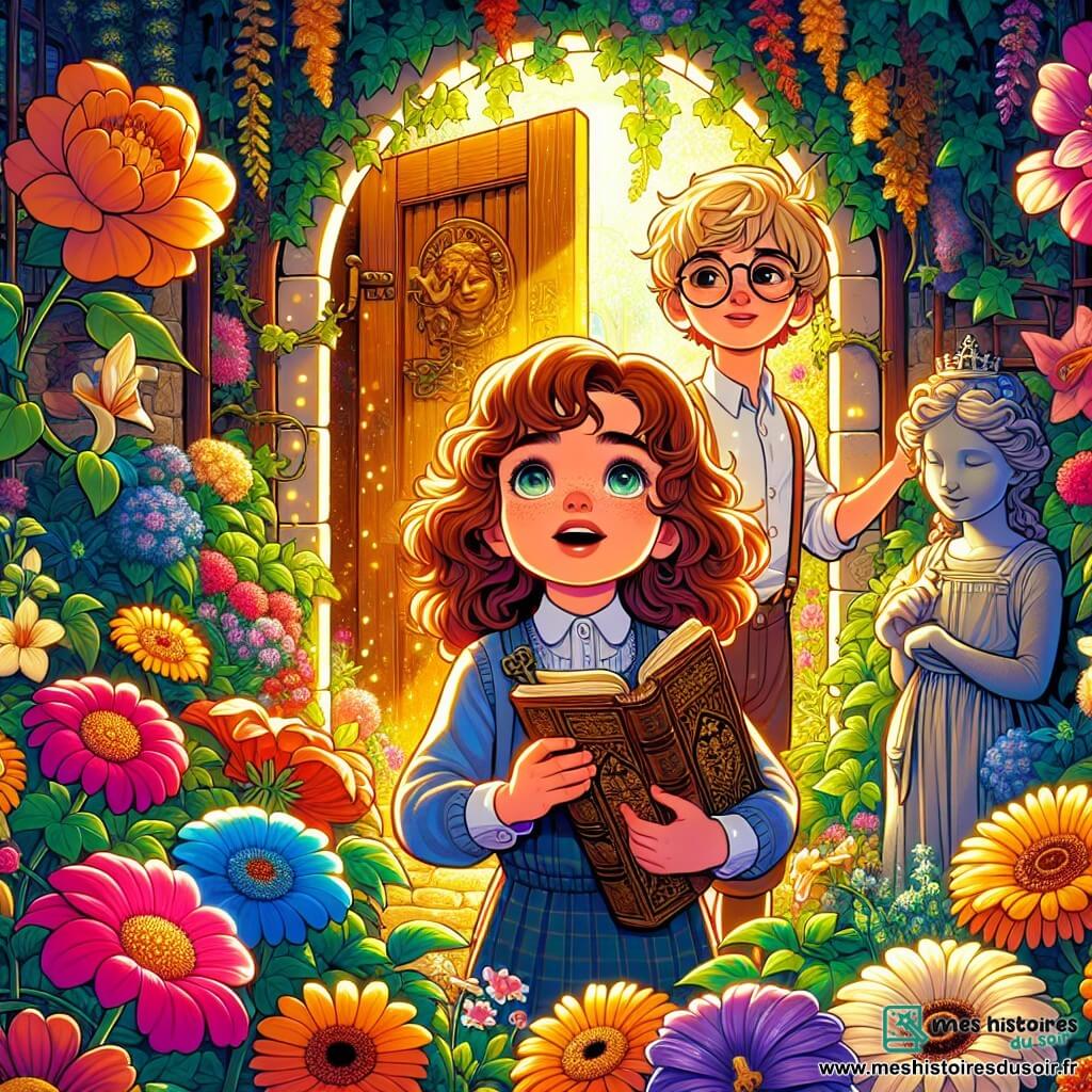Amélie, une fille de 10 ans aux cheveux châtains et bouclés, se tient au centre d'un jardin secret coloré. Ses yeux brillent d'excitation alors qu'elle tient un carnet ancien, entourée de fleurs aux pétales multicolores. À ses côtés, Lucas, un garçon de 10 ans aux cheveux blonds et lunettes rondes, admire une statue de pierre d'une dame souriante. Le jardin est rempli de fleurs éclatantes et de lierre grimpant sur une maison ancienne, avec une lumière dorée créant une ambiance magique. Une porte en bois ornée est entrouverte, laissant entrevoir un espace mystérieux. Amélie découvre un carnet mystérieux et une clé ancienne, prête à explorer la maison abandonnée avec Lucas, remplis d'enthousiasme et d'aventure.