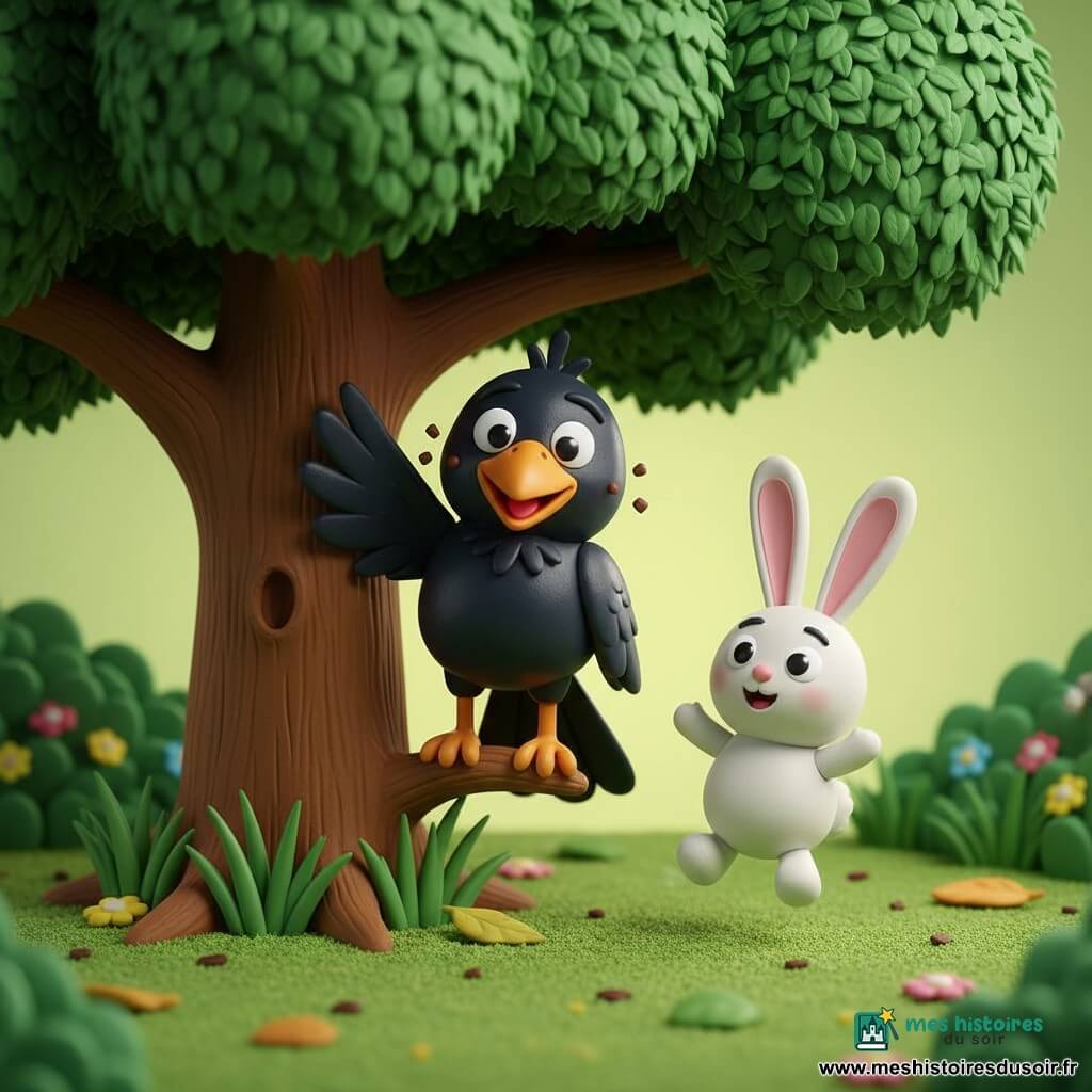 Un corbeau noir brillant, malicieux, aux yeux ronds et au bec orange avec des miettes de chocolat, perché sur une branche basse et penché vers son amie ; à côté, Lili le petit lapin blanc, rond, aux longues oreilles roses et sourire surpris, sur ses pattes arrière comme après un saut au pied du même tronc ; clairière ensoleillée avec grand arbre au tronc brun, feuillage dense, herbe et petites fleurs ; scène joyeuse et complice : le corbeau avoue avoir mangé un petit œuf en chocolat, couleurs vives et formes douces.