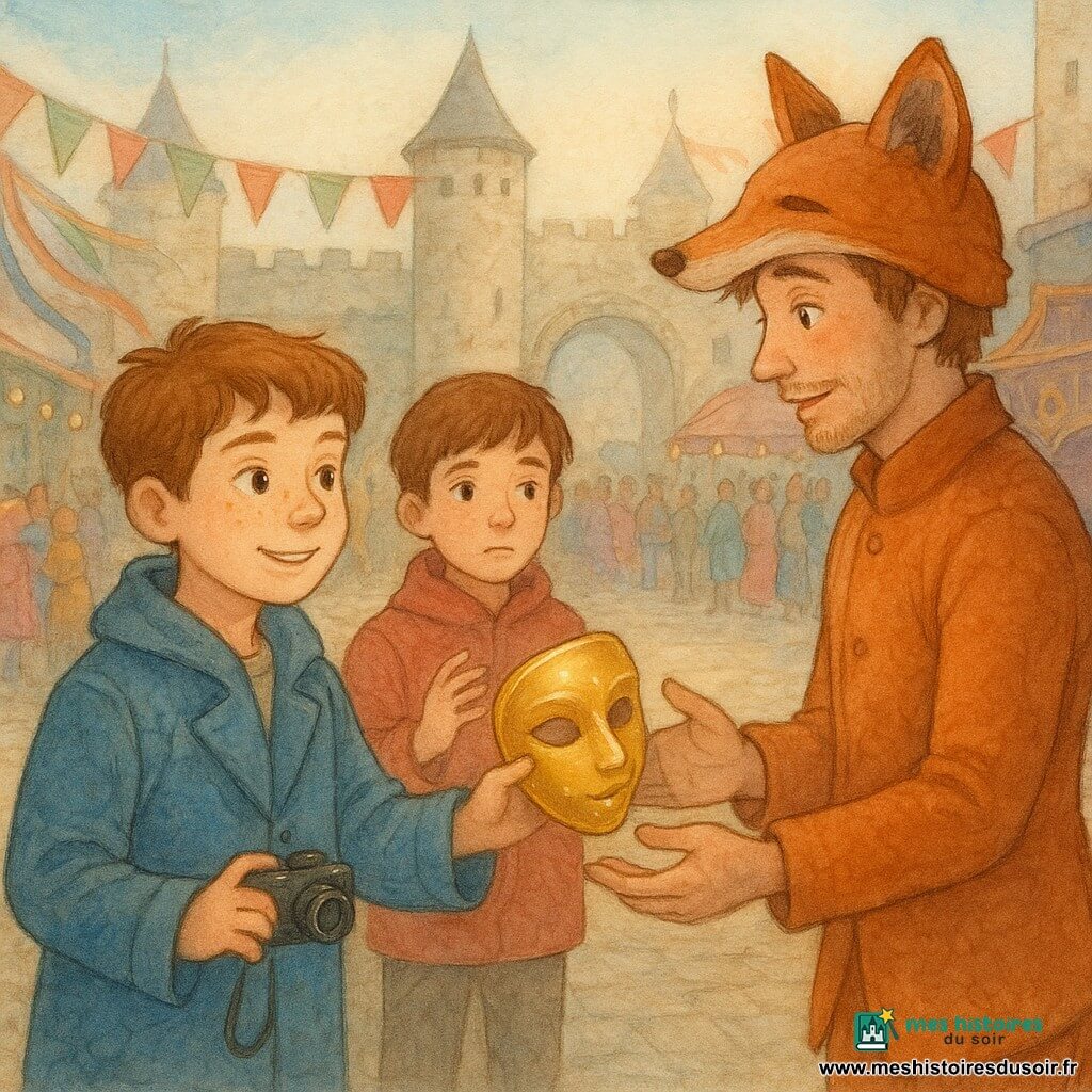 Noé, 12 ans, visage rond et taches de rousseur, manteau bleu trop grand, tend délicatement un masque doré poli vers un homme déguisé en renard roux, tandis que Milo, 12 ans, cheveux châtain courts et manteau rouge, se tient hésitant mais rassurant juste derrière ; scène chaleureuse et conciliatrice sur une grande place médiévale pavée décorée pour le carnaval, fanions rouges et verts, char doré et tissus violets, échoppes et foule colorée, lumière douce aux tons pastel, textures aquarelle et rehauts brillants sur le masque et les yeux, moment émouvant où Noé rend symboliquement le masque volé pour sauver le défilé.