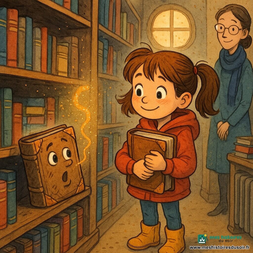 Une fillette de 8 ans, cheveux châtains en couettes, yeux grands et brillants, veste rouge à capuche et bottines jaunes, tient contre sa poitrine un vieux livre poussiéreux en le regardant avec un sourire hésitant; le livre anthropomorphe en cuir craquelé, aux coins rapiécés, yeux dessinés sur la tranche et petite bouche ouverte, souffle une fine fumée dorée scintillante depuis l'étagère devant elle. Une bibliothécaire d'environ 40 ans, silhouette fine, lunettes ovales et écharpe bleu marine, se tient en retrait près du radiateur, souriante et bienveillante. La médiathèque est un long couloir de rayonnages en bois sombre, piles de livres colorés, affiches anciennes au mur et lumière chaude d'une fenêtre ronde, la poussière dorée flottant dans l'air; une lueur magique s'échappe des pages et de petites particules lumineuses créent une atmosphère de fantasy urbaine douce et mystérieuse.