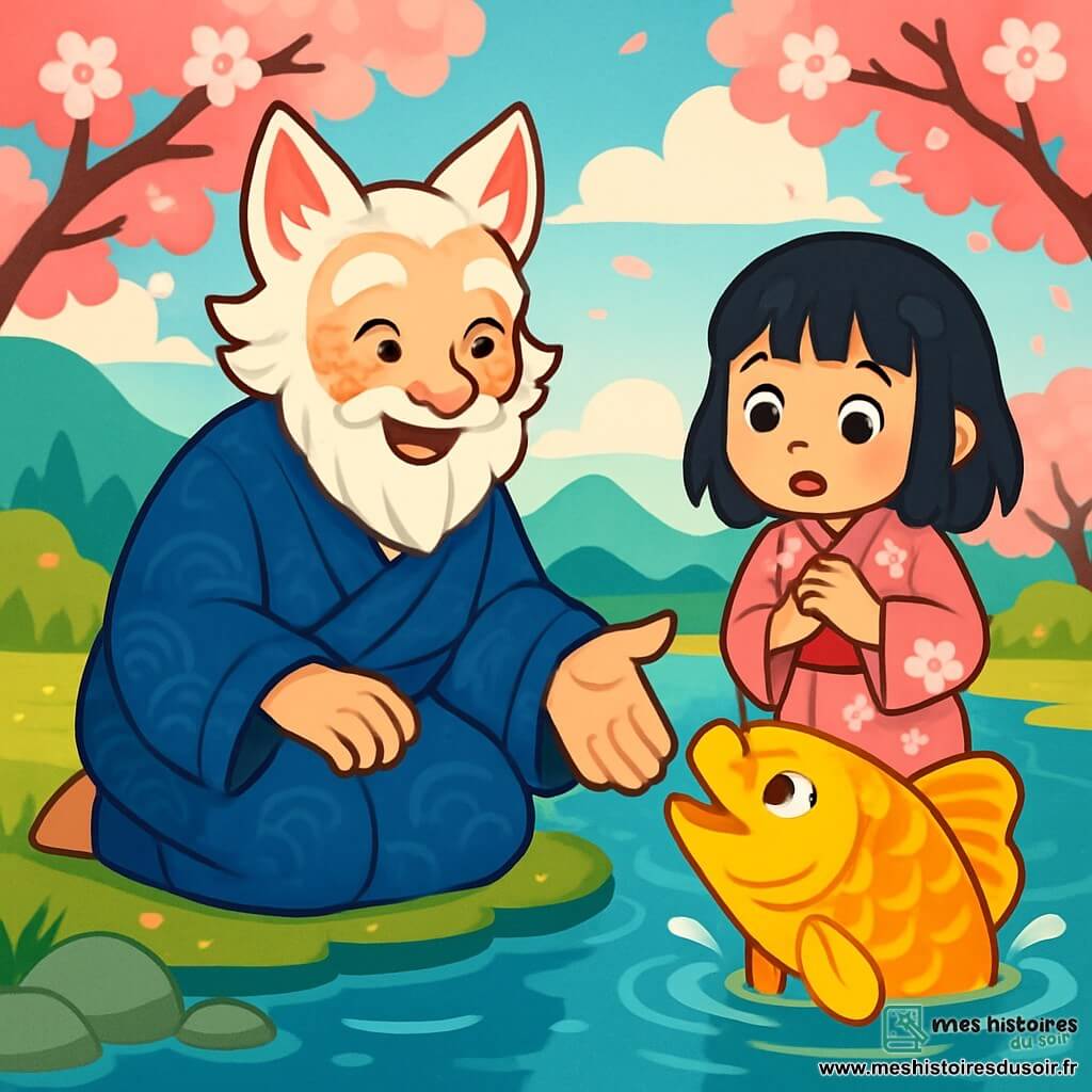 Un homme nommé Hikaru, kitsune à la barbe blanche, porte un kimono bleu nuit orné de motifs de vagues. Son visage exprime sagesse et bienveillance, avec des yeux malicieux. Agenouillé au bord d'un lac, il tend la main vers une carpe géante aux écailles dorées, souriant. À ses côtés, Hana, une petite fille de huit ans aux cheveux noirs, en yukata rose avec des fleurs blanches, observe la carpe avec curiosité et émerveillement, se tenant légèrement en retrait. Le décor est un lac paisible entouré de montagnes brumeuses et de cerisiers en fleurs, sous un ciel bleu éclatant. La scène montre Hikaru et Hana découvrant la carpe magique, symbole de sagesse, tout en apprenant à respecter la nature et à surmonter leurs peurs, dans une atmosphère enchantée.