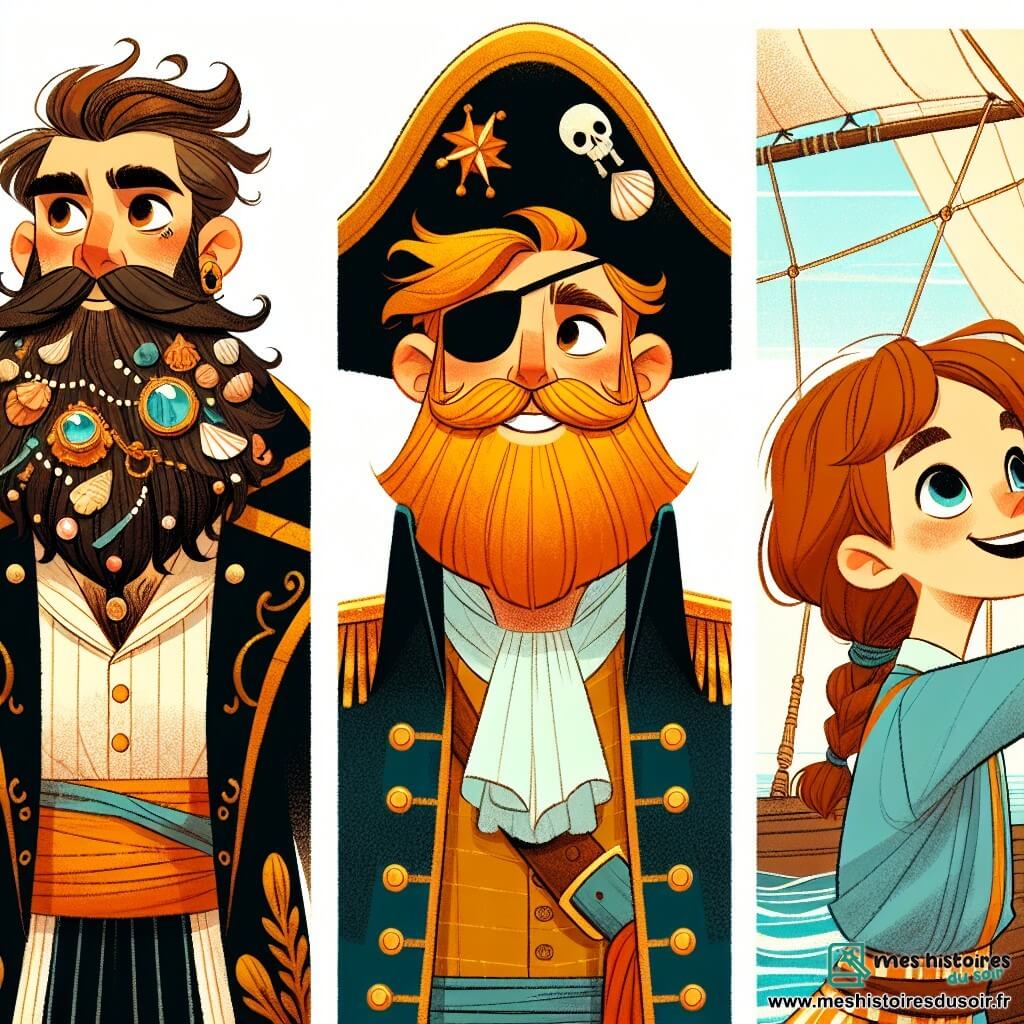 Le capitaine Barbeau, un homme robuste d'une cinquantaine d'années, se tient sur le pont de son navire, le Vent du Destin. Sa barbe flamboyante, ornée de perles et de coquillages, flotte au vent, tandis qu'un sourire éclaire son visage, exprimant détermination et excitation. Il porte un manteau noir brodé d'or et un tricorne incliné. À ses côtés, Yara, une navigatrice d'environ 25 ans, scrute l'horizon avec un télescope, affichant curiosité et enthousiasme. Un peu en arrière, Timothée, un jeune mousse de 12 ans, ajuste les voiles, rayonnant de joie. La scène se déroule sur le pont en bois du Vent du Destin, un majestueux navire pirate voguant sur des eaux turquoise sous un ciel bleu, avec des voiles blanches gonflées par le vent. Le capitaine et son équipage se préparent pour une nouvelle aventure à la recherche de trésors légendaires, l'excitation palpable dans l'air.