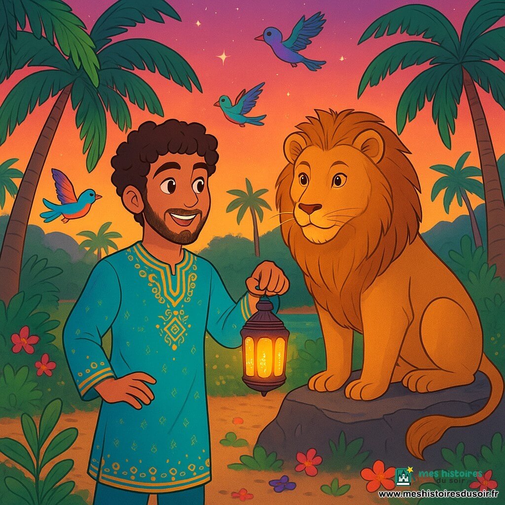 Un homme nommé Samir, avec des cheveux bruns bouclés et une barbe légère, se tient au centre d'une oasis magique, son visage rayonnant d'émerveillement. Il porte une tunique en soie bleu turquoise ornée de motifs dorés et tient une lanterne scintillante, illuminant son sourire. À ses côtés, un grand lion au pelage doré, âgé d'environ cinq ans, l'observe avec sagesse, se tenant majestueusement sur un rocher. L'oasis est luxuriante, avec des palmiers se balançant sous une brise légère, des fleurs colorées sur le sol et un ciel crépusculaire teinté de rose et d'orange. Samir pose sa lanterne au pied d'un palmier, prêt à partager une histoire avec le lion, tandis que des oiseaux aux plumes multicolores volent autour d'eux, créant une atmosphère magique.