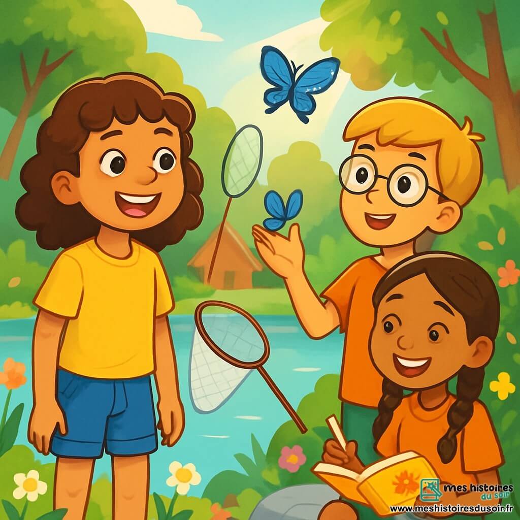 Léa, 10 ans, avec des cheveux châtains bouclés et des yeux curieux, se tient au bord d'un lac scintillant. Elle porte un t-shirt jaune et un short en jean, affichant une joie éclatante. À ses côtés, Louis, 10 ans, aux cheveux blonds et lunettes rondes, admire un papillon bleu avec un filet à papillons. Un peu plus loin, Emma, 9 ans, avec des tresses et un sourire radieux, prend des notes dans un carnet coloré, assise sur une pierre au bord de l'eau. Ils sont dans un camp d'été en pleine nature, entourés d'arbres verdoyants et de fleurs colorées, explorant la beauté des insectes et des plantes.