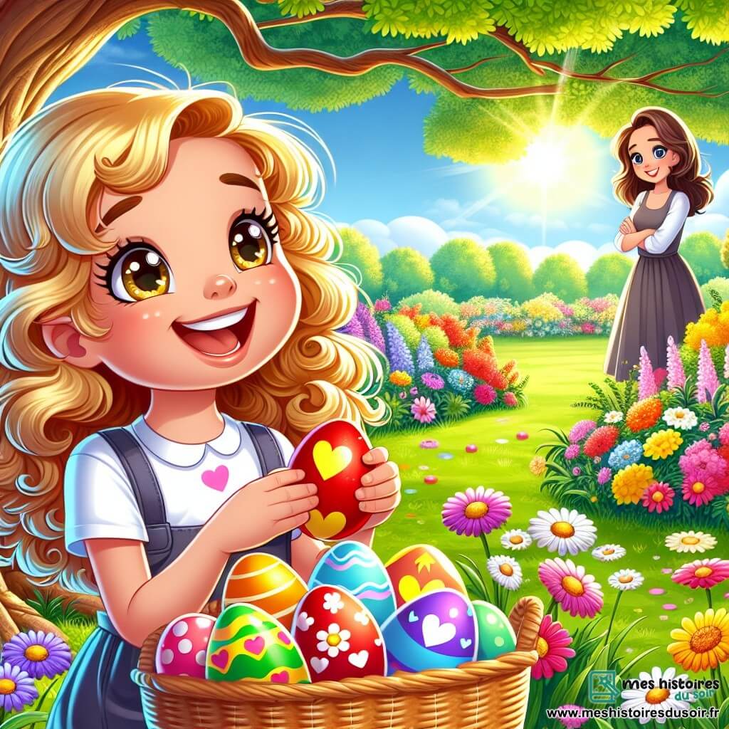 Zoé, une petite fille de 6 ans aux boucles dorées et aux yeux pétillants, est assise dans un jardin ensoleillé, entourée de fleurs colorées. Elle sourit, pleine de joie, tenant un panier d'œufs de Pâques décorés. Sa maman, une femme d'environ 30 ans aux cheveux bruns, l'observe avec fierté près d'un grand chêne. Le jardin est magique, rempli de fleurs éclatantes et d'arbres verdoyants sous un ciel bleu. Zoé décore un œuf rouge avec des cœurs, tandis que sa maman admire son travail, créant une atmosphère festive de Pâques.