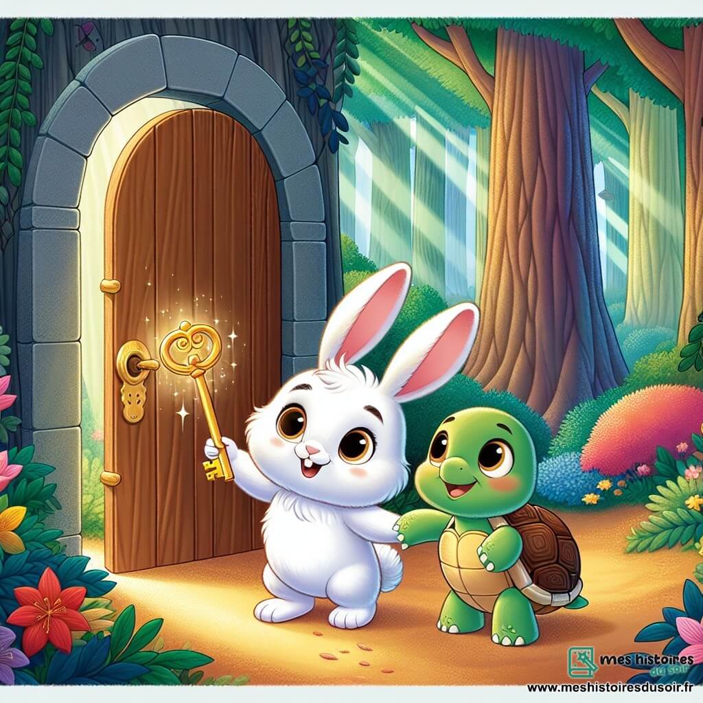 Un petit lapin nommé Léo, avec un pelage blanc et des oreilles longues, tient une clé dorée dans ses pattes, tandis que sa meilleure amie, une tortue nommée Tina, sourit en pointant une grande porte en bois. Ils se trouvent dans une forêt enchantée, remplie d'arbres majestueux et de fleurs éclatantes. Léo et Tina, excités et déterminés, se tiennent devant la porte mystérieuse, prêts à découvrir le trésor caché derrière elle.