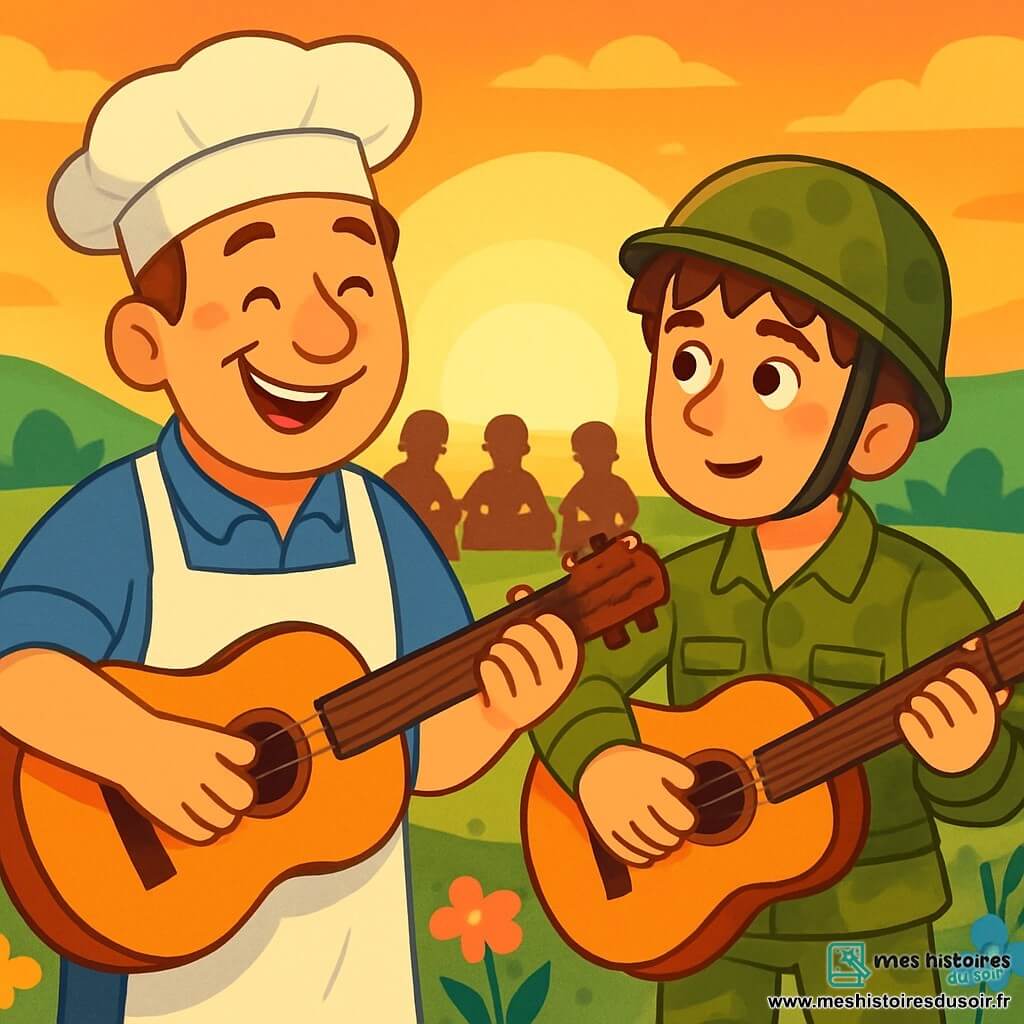Antoine, un homme d'une quarantaine d'années au sourire chaleureux et aux yeux déterminés, porte un tablier de boulanger et un chapeau de chef. Il tient une guitare, prêt à jouer une mélodie apaisante. À ses côtés, un jeune soldat d'environ 20 ans, avec des cheveux bruns en désordre et un uniforme militaire, le regarde avec curiosité, tenant également une guitare. Ils se trouvent dans un champ verdoyant, sous la lumière dorée du soleil couchant, entourés de fleurs qui dansent dans le vent. En arrière-plan, des soldats des deux camps écoutent attentivement la musique, leurs visages éclairés par le crépuscule. Antoine et le jeune soldat jouent ensemble, rayonnants de joie et de camaraderie, symbolisant l'espoir et l'unité entre deux peuples autrefois en guerre.