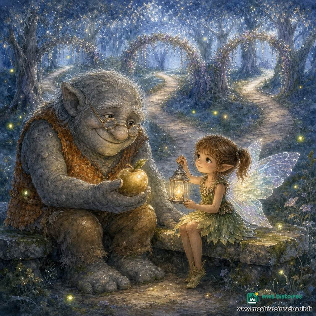 Grub, un troll au visage large et ridé, peau grise, lunettes rondes et gilet orange tricoté, assis sur un banc de pierre offrant une pomme dorée avec un sourire bienveillant; à ses côtés Lila, petite fée enfantine aux ailes irisées, cheveux châtain clair en couettes et robe verte en pétales, tenant une lanterne argentée à petite flamme dorée, regard déterminé et apaisé; des lucioles vertes et jaunes flottent autour; décor : carrefour des routes oubliées avec pierres moussues, sentiers, arbres au tronc argenté, arches de fleurs et légère brume au sol; scène de repos et de choix éclairée par la flamme chaude qui illumine leurs visages et dissipe les ombres bleutées; palette : contrastes doux bleu nuit et or chaud, textures aquarelle granuleuse et reflets au stylo gel blanc.