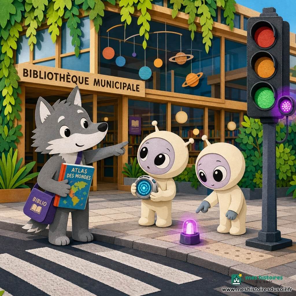 Loupiot, petit loup anthropomorphe souriant au pelage gris et blanc, sac en bandoulière, tient un livre et montre un feu tricolore; deux petits extraterrestres nacrés, timides et curieux, l’un tenant un traducteur lumineux bleu, l’autre pointant une balise mauve; en arrière-plan la bibliothèque municipale vitrée avec plantes et mobile de planètes; au premier plan un carrefour avec passage piéton texturé, trottoir pavé et un feu doté d’un voyant mauve clignotant projetant une lumière douce; ambiance chaleureuse aux couleurs vives et textures papier découpé, focalisée sur le geste explicatif et la balise mauve.