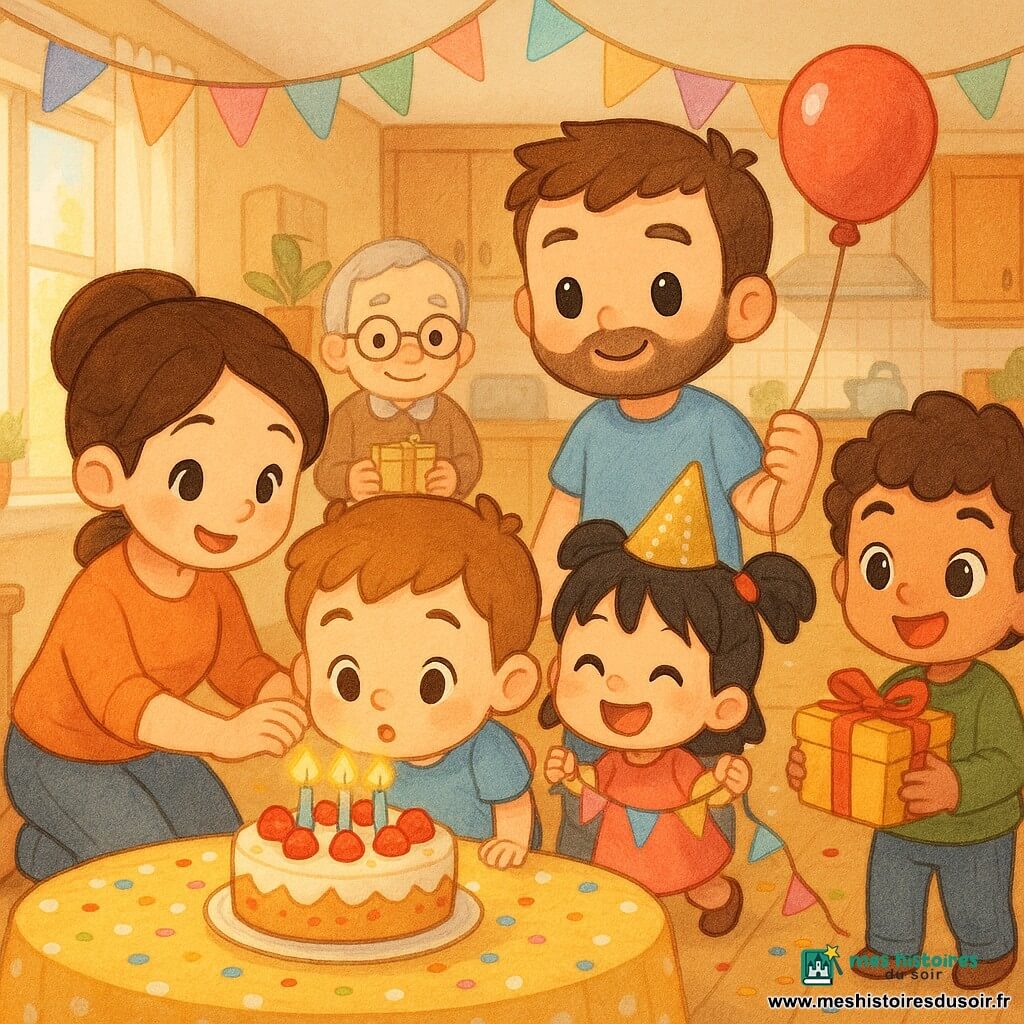 Léo, 4 ans, visage rond et joyeux, penché pour souffler les quatre bougies d'un gâteau rond nappé de blanc et décoré de fraises, entouré d'un petit groupe intime dans une cuisine-salon chaleureuse : la maman (≈30 ans) accroupie à gauche, mains sur ses épaules pour l'encourager ; le papa (≈32 ans) debout à droite tenant un ballon rouge ; Jade, 4 ans, en couettes et chapeau brillant, riant et tenant une guirlande ; Sami, 5 ans, aux cheveux bouclés, tenant une boîte cadeau ; le papi (≈70 ans) souriant et tenant un petit paquet, légèrement en retrait. Nappe jaune à pois, confettis et guirlandes pastel, lumière douce du matin, ambiance festive, couleurs vives et traits crayon doux, style chibi kawaii avec expressions exagérées et mignonnes.
